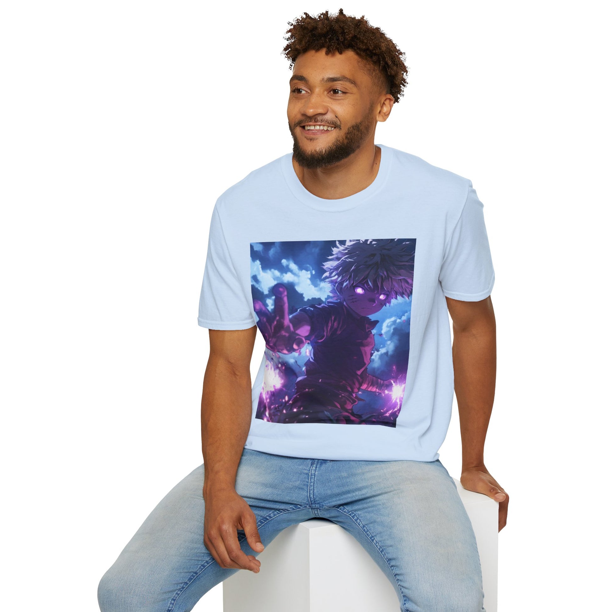 Killua Voltage Anime Tee -  hunter x hunter killua anime shirt graphic tee unisex Killua Voltage Tee – Killua Zoldyck mid-lightning strike with glowing eyes and stormy backdrop