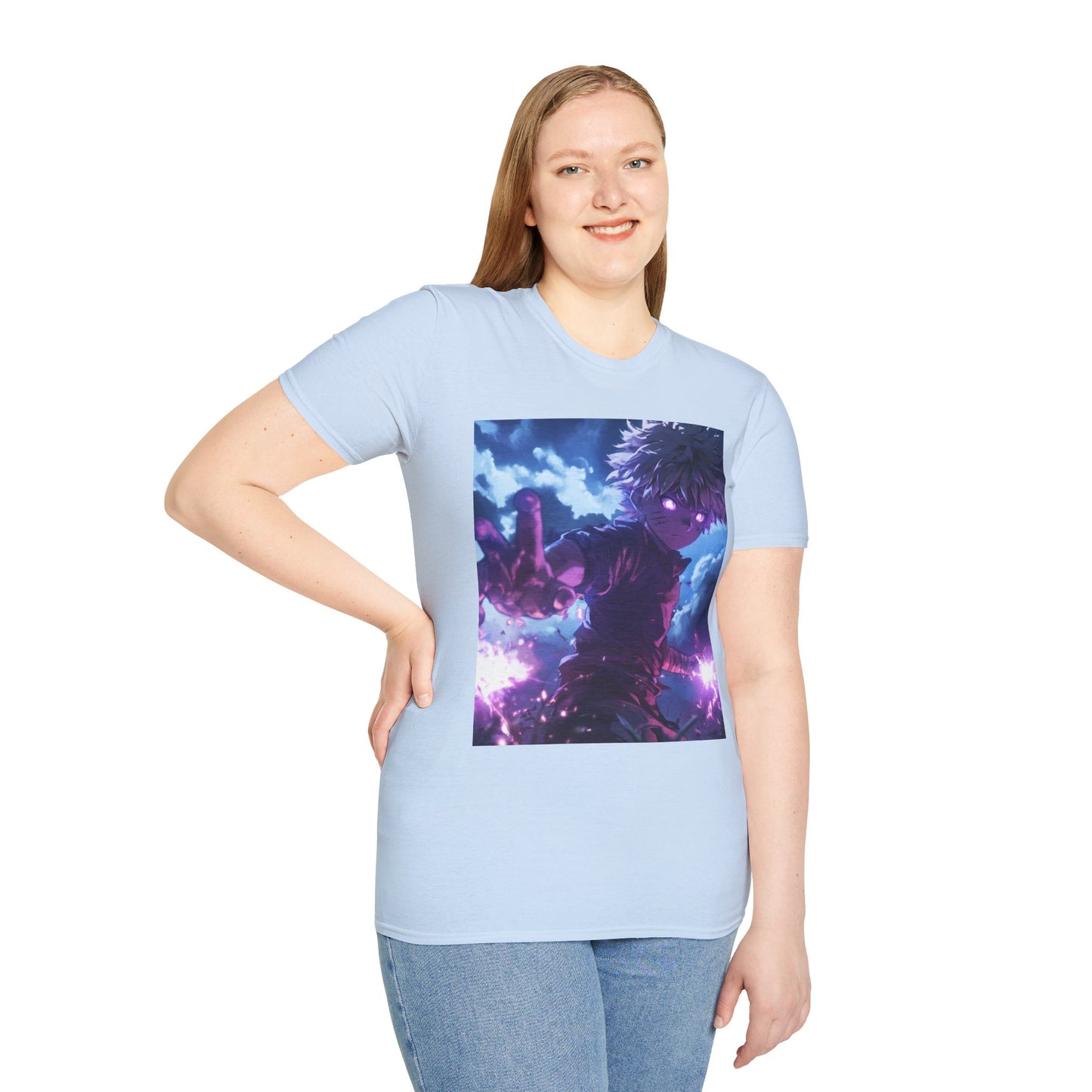Killua Voltage Anime Tee -  hunter x hunter killua anime shirt graphic tee unisex Killua Voltage Tee – Killua Zoldyck mid-lightning strike with glowing eyes and stormy backdrop