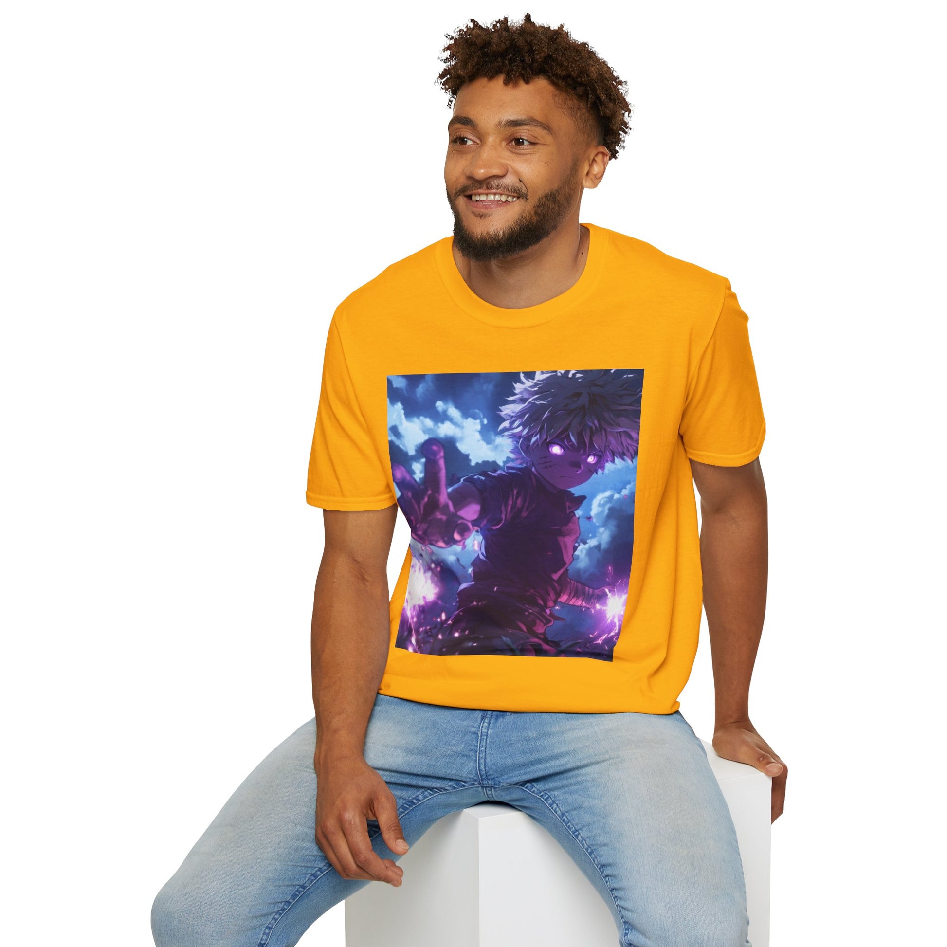 Killua Voltage Anime Tee -  hunter x hunter killua anime shirt graphic tee unisex Killua Voltage Tee – Killua Zoldyck mid-lightning strike with glowing eyes and stormy backdrop