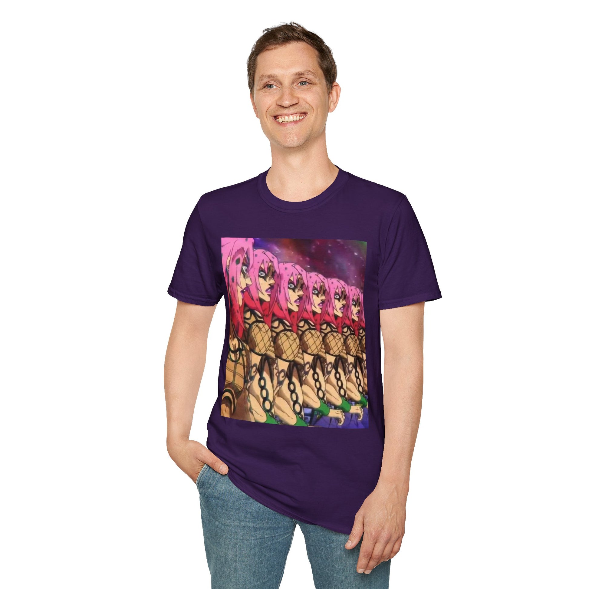 Diavolo Infinite Loop Tee -  jojo diavolo king crimson anime shirt graphic tee unisex Diavolo Death Loop Tee – Diavolo caught in cosmic loop with pink hair and cryptic tattoos