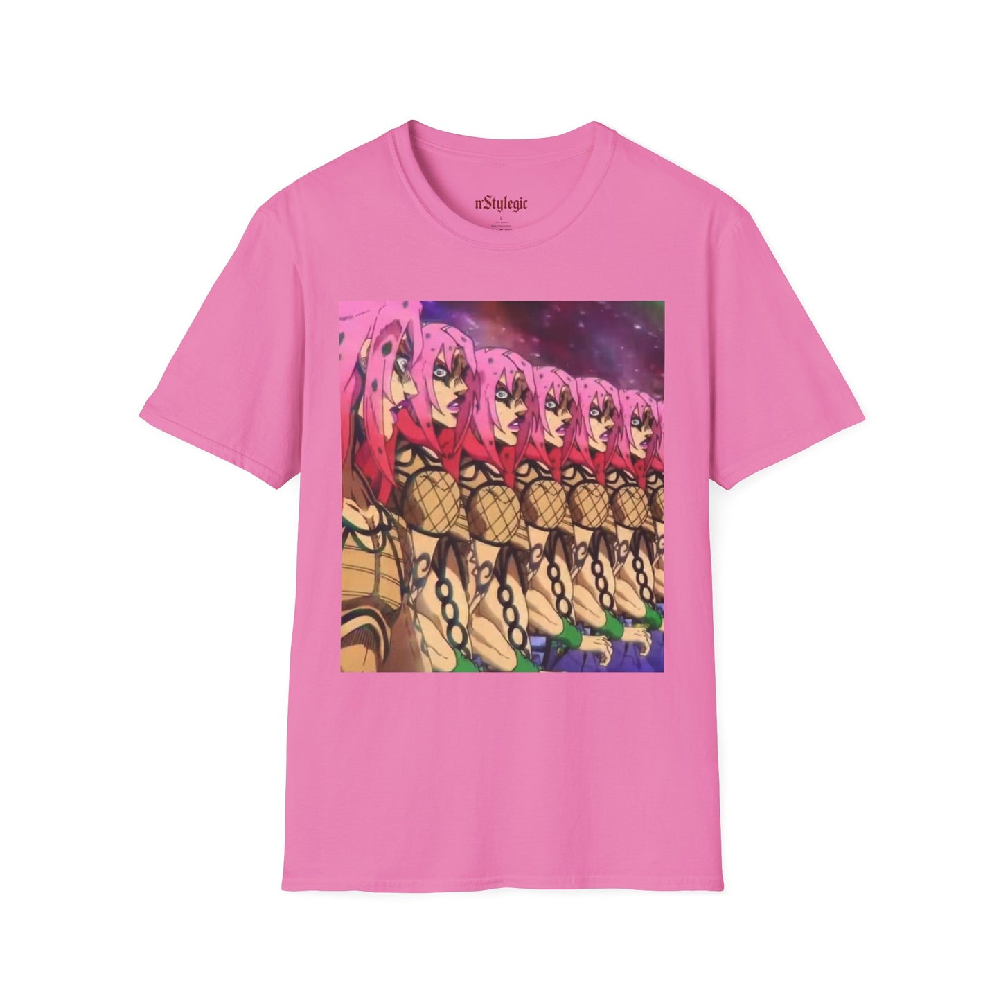 Diavolo Infinite Loop Tee -  jojo diavolo king crimson anime shirt graphic tee unisex Diavolo Death Loop Tee – Diavolo caught in cosmic loop with pink hair and cryptic tattoos