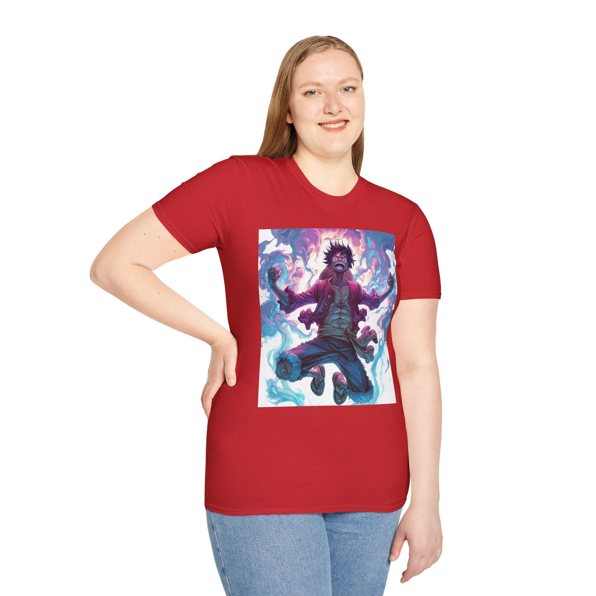 Luffy Pirate King Tee -  one piece luffy pirate king anime shirt graphic tee unisex King of the Pirates Tee – Luffy mid-air with red shirt, fists clenched and cosmic energy