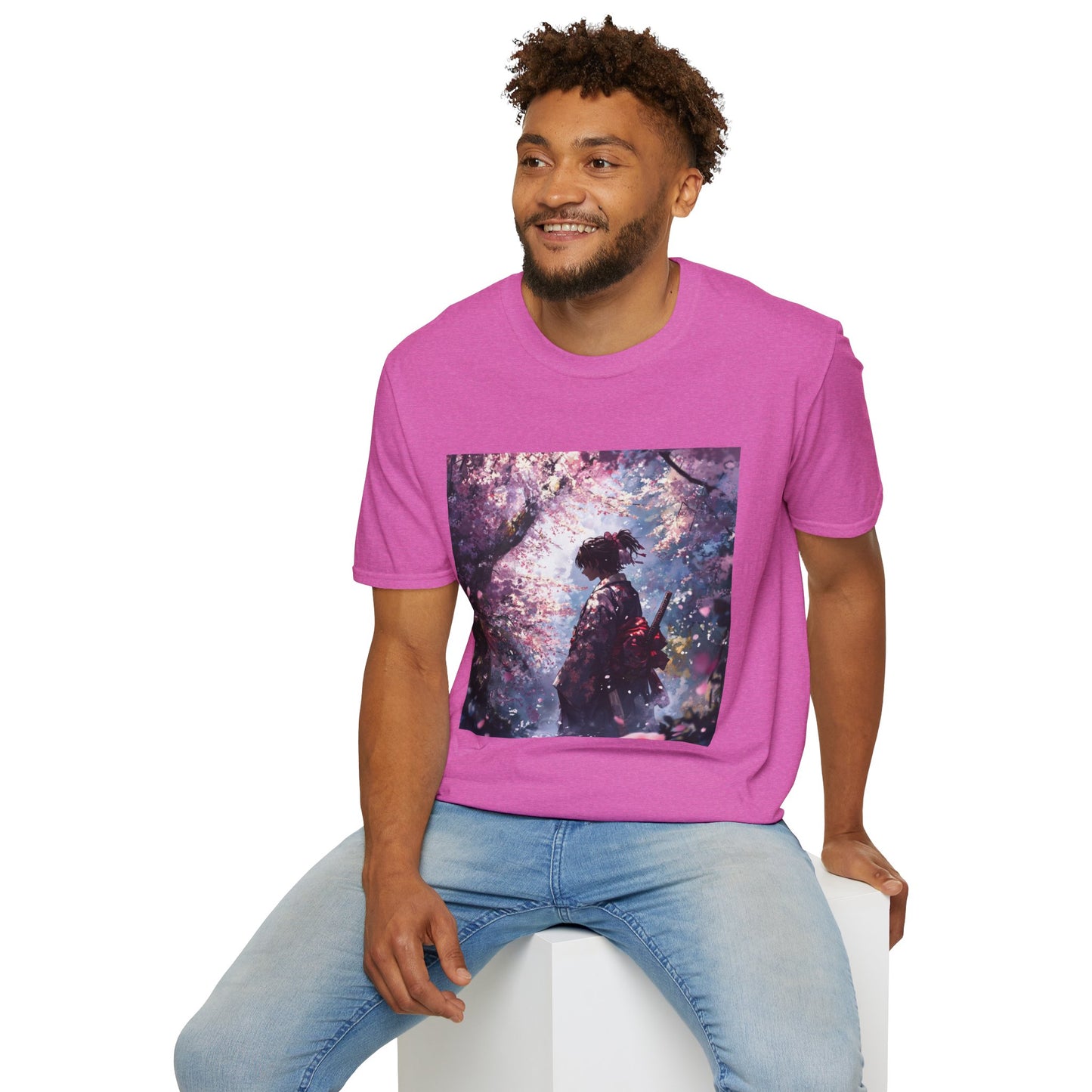 Cherry Blossom Warrior Tee -  samurai cherry blossom japanese culture anime shirt graphic tee unisex Cherry Blossom Samurai Tee – Ornate samurai beneath pink blossoms with katana sheathed