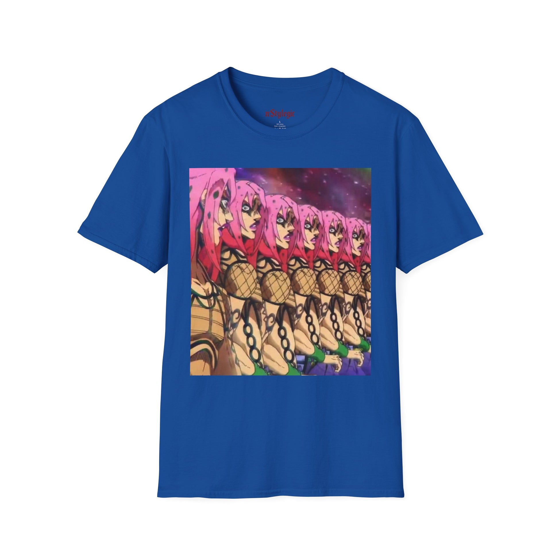 Diavolo Infinite Loop Tee -  jojo diavolo king crimson anime shirt graphic tee unisex Diavolo Death Loop Tee – Diavolo caught in cosmic loop with pink hair and cryptic tattoos