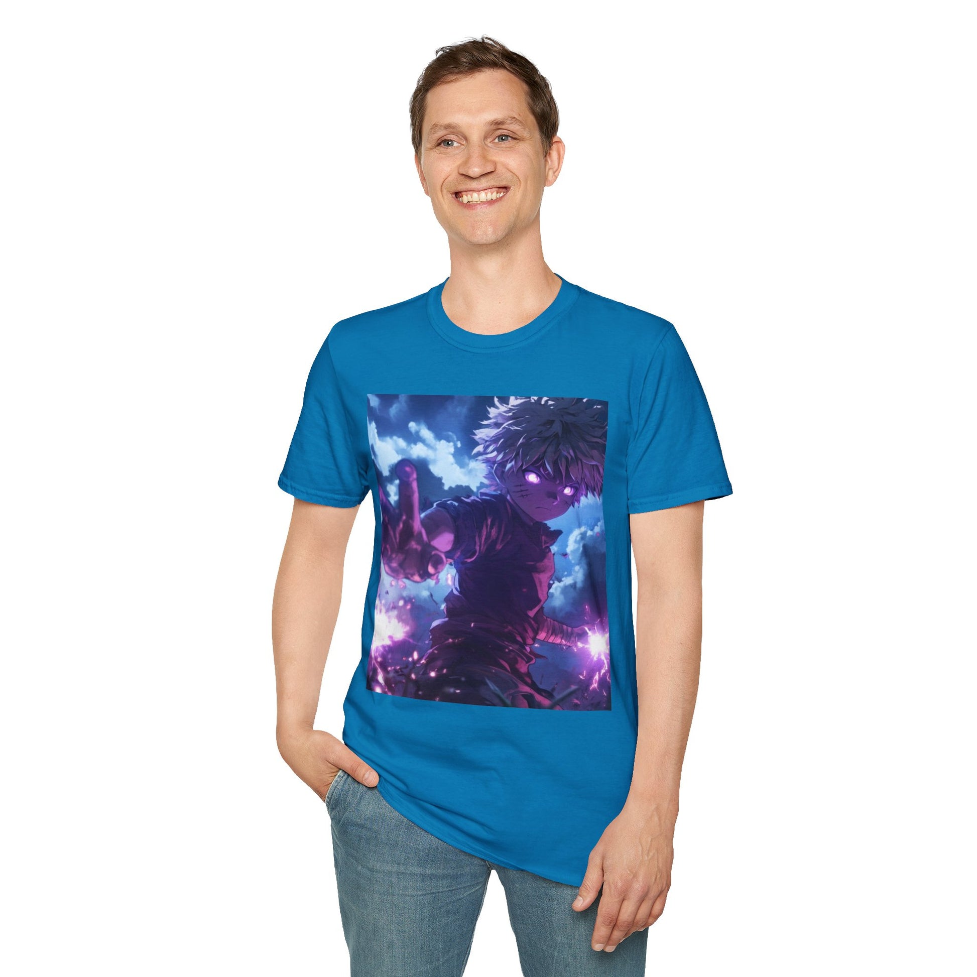 Killua Voltage Anime Tee -  hunter x hunter killua anime shirt graphic tee unisex Killua Voltage Tee – Killua Zoldyck mid-lightning strike with glowing eyes and stormy backdrop