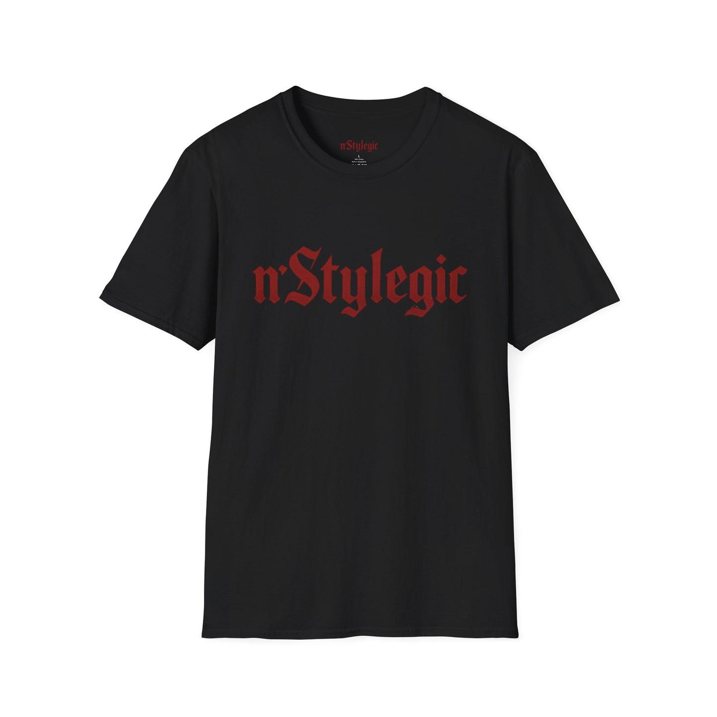 n’Stylegic Logo Streetwear Tee -  logo tee streetwear minimalist graphic tee unisex n’Stylegic Logo Tee – Gothic red logo on minimalist black shirt streetwear branding