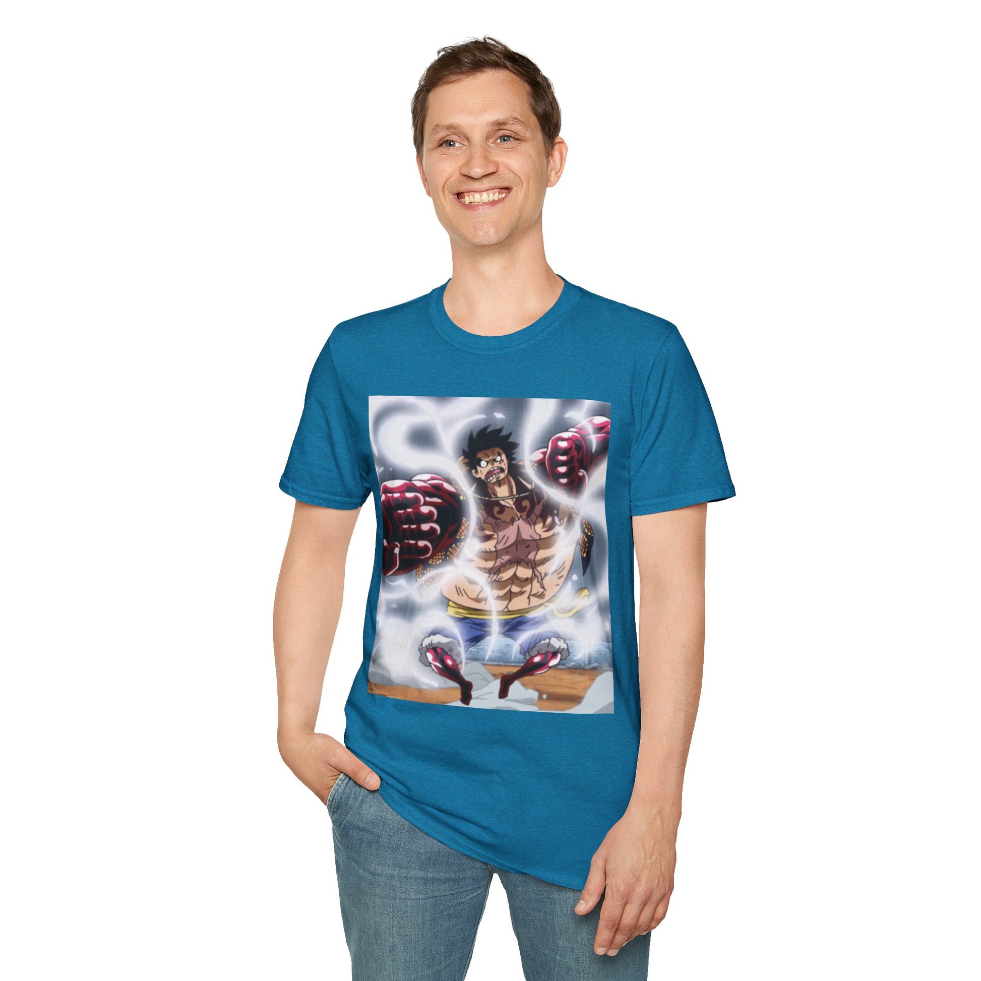 Luffy Gear 4 Anime Tee -  one piece luffy gear 4 bounce man anime shirt graphic tee unisex Gear 4 Bounce Man Tee – Luffy in Gear 4 transformation with Haki aura 