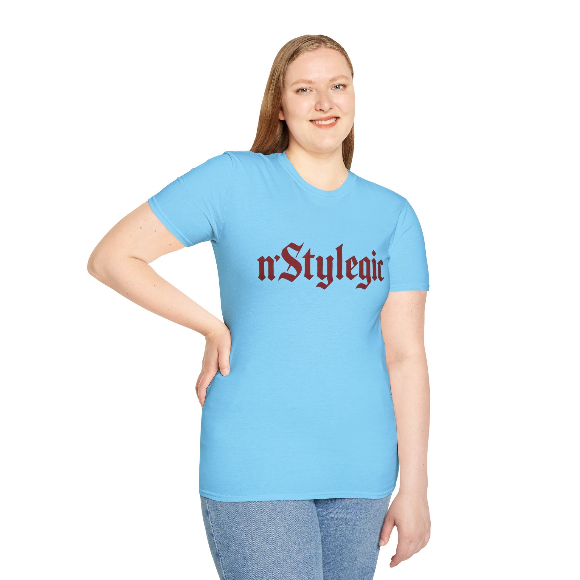 n’Stylegic Logo Streetwear Tee -  logo tee streetwear minimalist graphic tee unisex n’Stylegic Logo Tee – Gothic red logo on minimalist black shirt streetwear branding