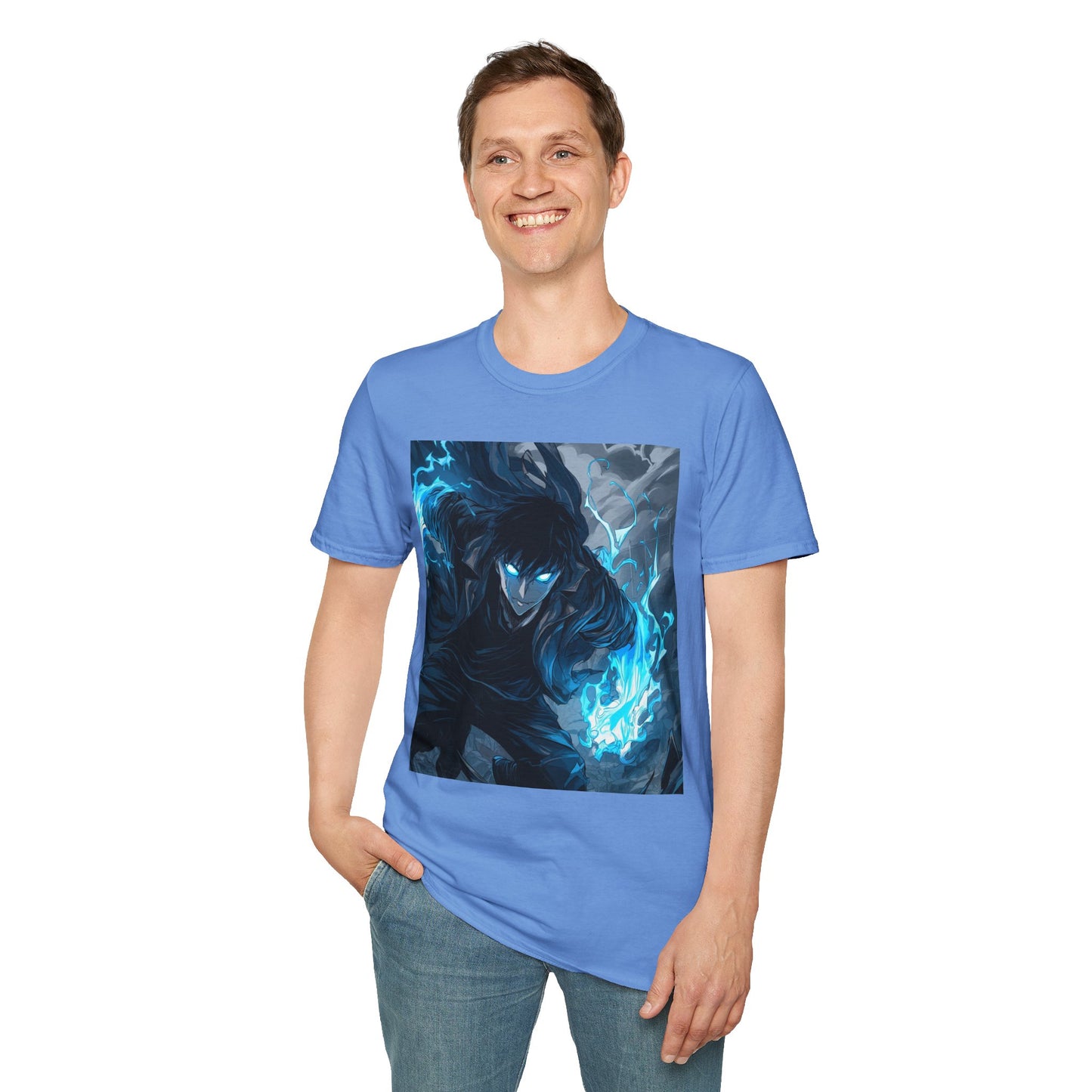 Solo Leveling Shadow Monarch Tee -  solo leveling sung jin woo shadow monarch anime shirt graphic tee unisex Shadow Monarch Tee – Sung Jin Woo engulfed in blue flames with glowing eyes