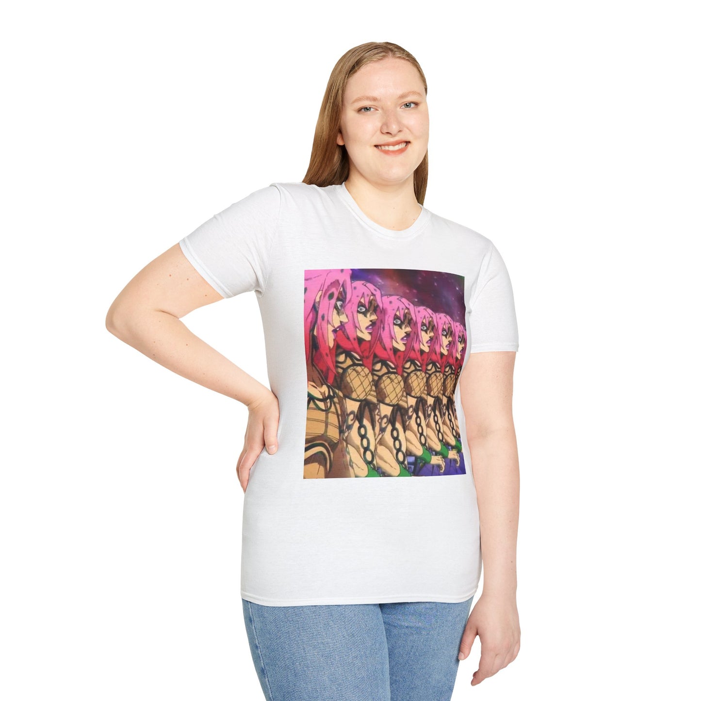 Diavolo Infinite Loop Tee -  jojo diavolo king crimson anime shirt graphic tee unisex Diavolo Death Loop Tee – Diavolo caught in cosmic loop with pink hair and cryptic tattoos