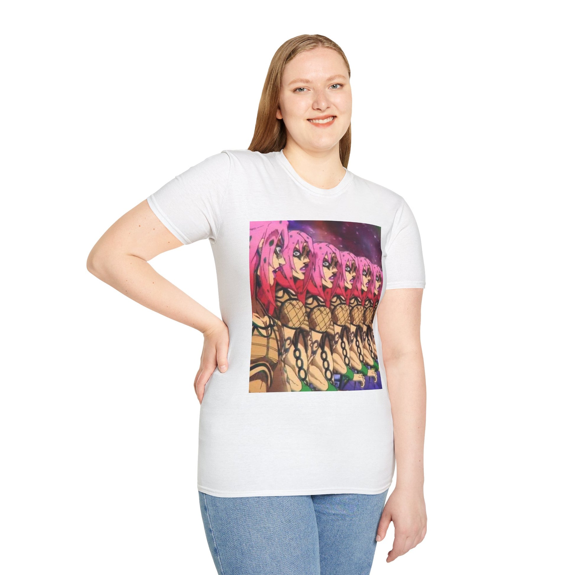 Diavolo Infinite Loop Tee -  jojo diavolo king crimson anime shirt graphic tee unisex Diavolo Death Loop Tee – Diavolo caught in cosmic loop with pink hair and cryptic tattoos