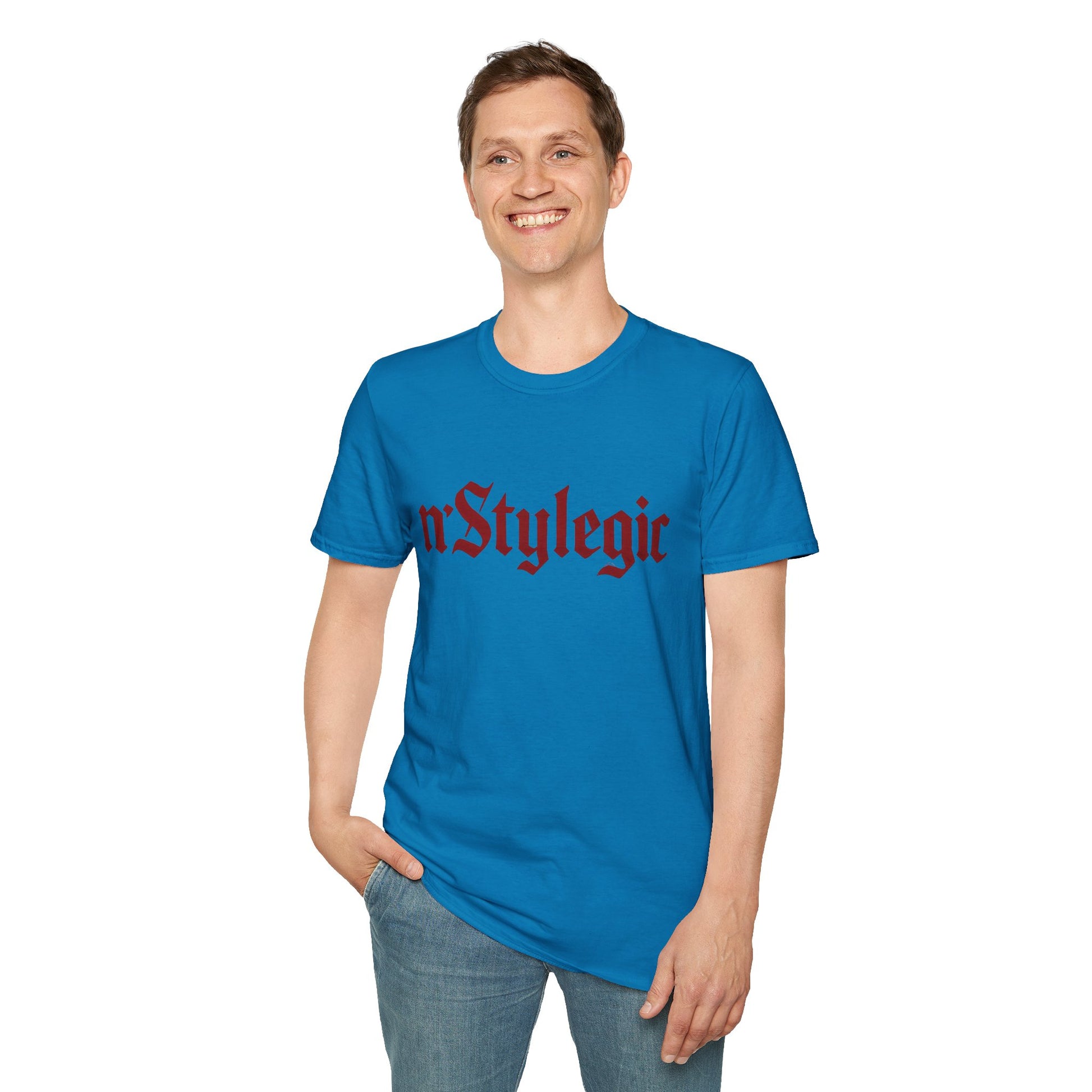 n’Stylegic Logo Streetwear Tee -  logo tee streetwear minimalist graphic tee unisex n’Stylegic Logo Tee – Gothic red logo on minimalist black shirt streetwear branding