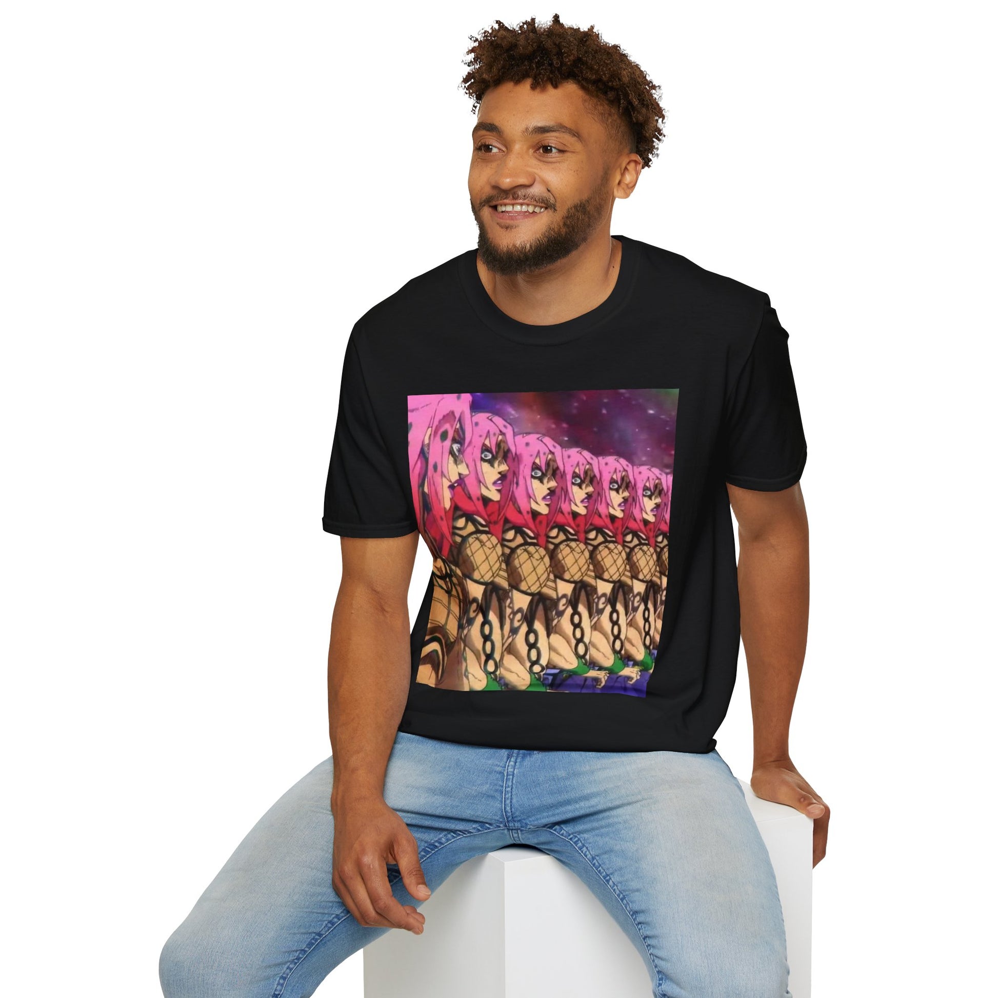 Diavolo Infinite Loop Tee -  jojo diavolo king crimson anime shirt graphic tee unisex Diavolo Death Loop Tee – Diavolo caught in cosmic loop with pink hair and cryptic tattoos