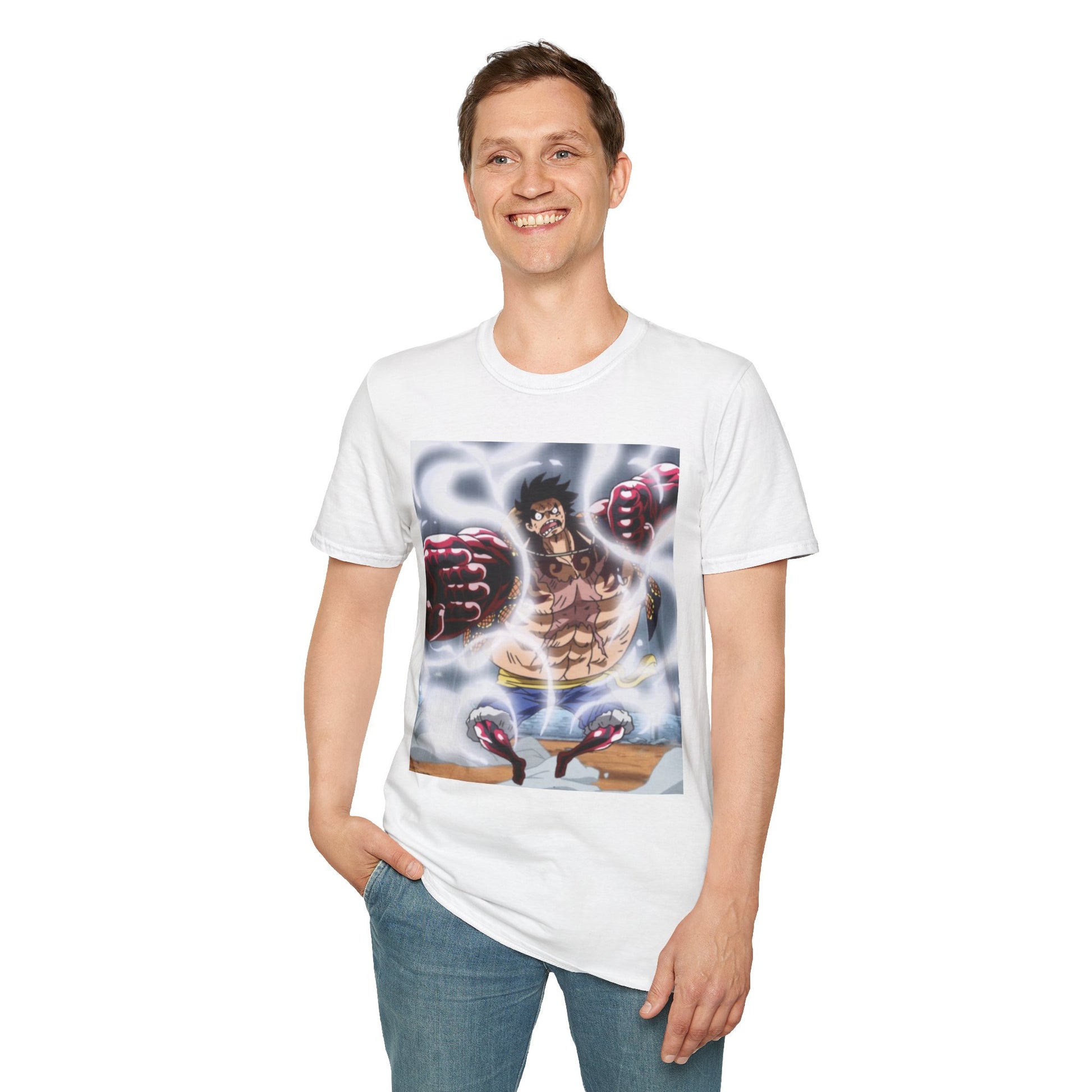 Luffy Gear 4 Anime Tee -  one piece luffy gear 4 bounce man anime shirt graphic tee unisex Gear 4 Bounce Man Tee – Luffy in Gear 4 transformation with Haki aura 