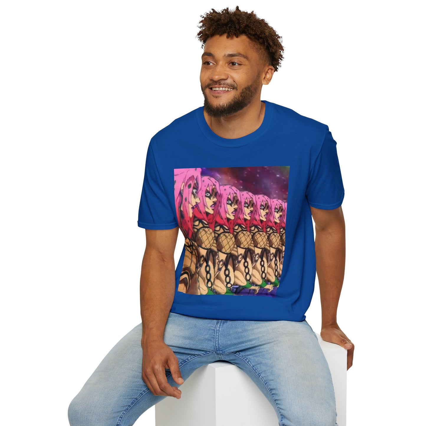 Diavolo Infinite Loop Tee -  jojo diavolo king crimson anime shirt graphic tee unisex Diavolo Death Loop Tee – Diavolo caught in cosmic loop with pink hair and cryptic tattoos
