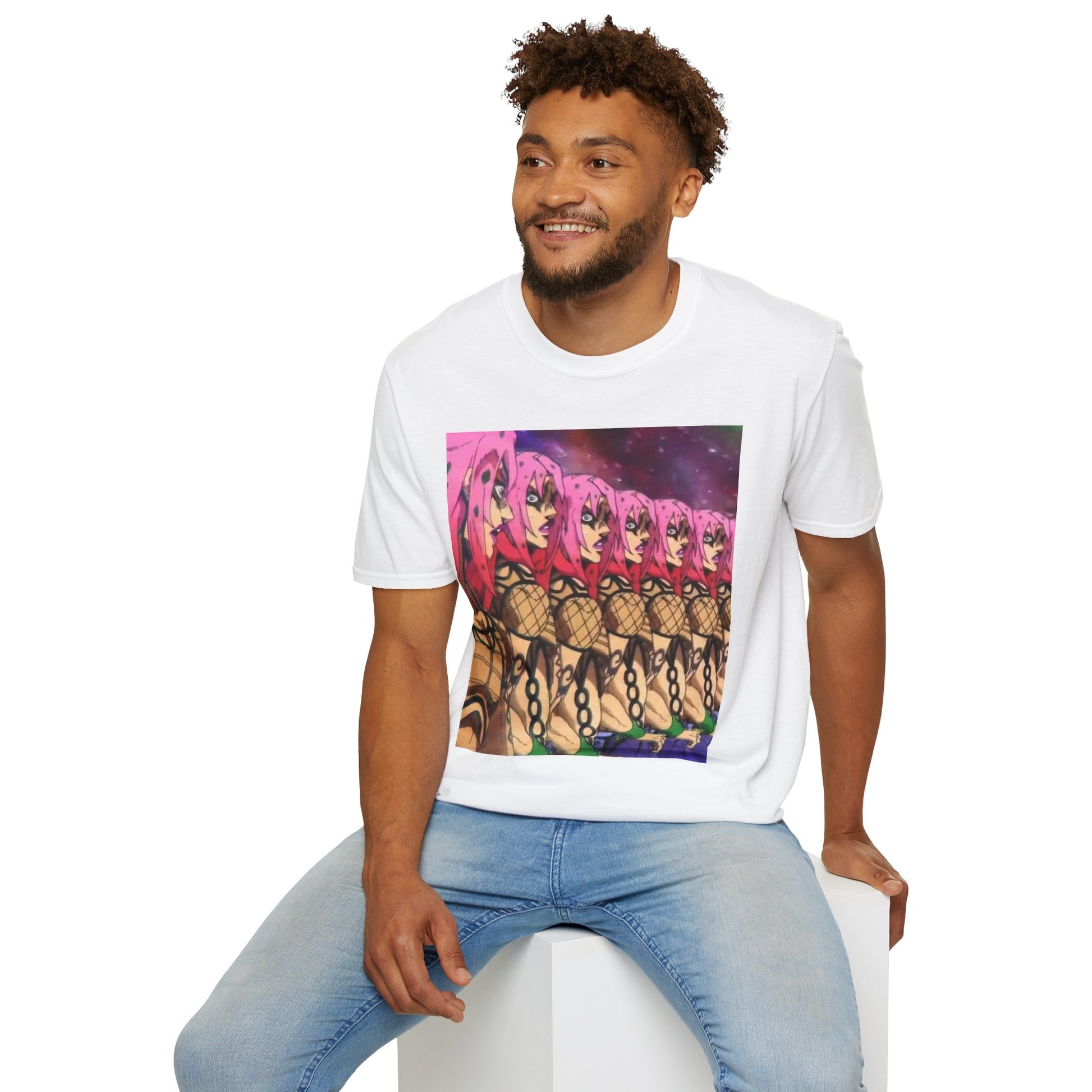 Diavolo Infinite Loop Tee -  jojo diavolo king crimson anime shirt graphic tee unisex Diavolo Death Loop Tee – Diavolo caught in cosmic loop with pink hair and cryptic tattoos