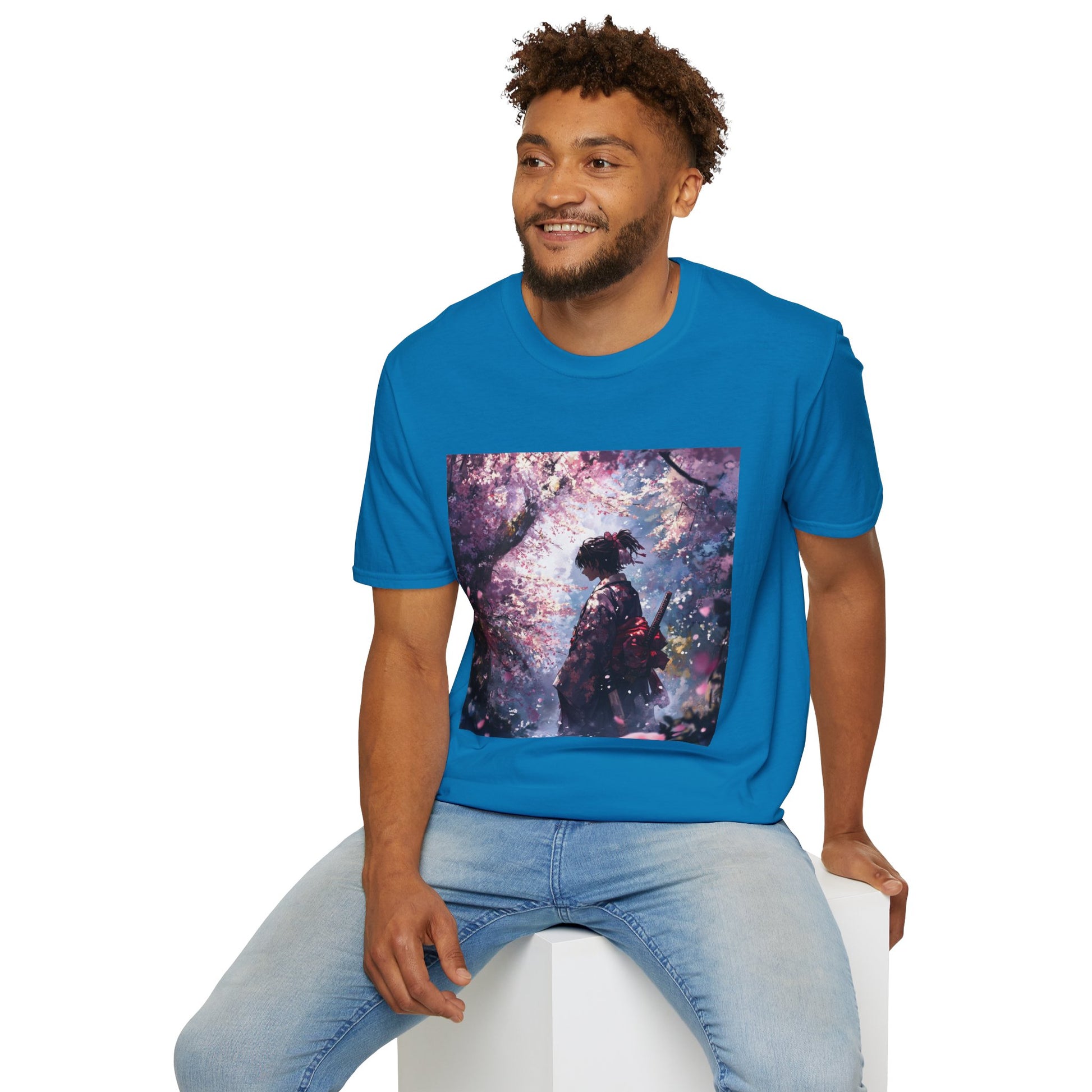 Cherry Blossom Warrior Tee -  samurai cherry blossom japanese culture anime shirt graphic tee unisex Cherry Blossom Samurai Tee – Ornate samurai beneath pink blossoms with katana sheathed