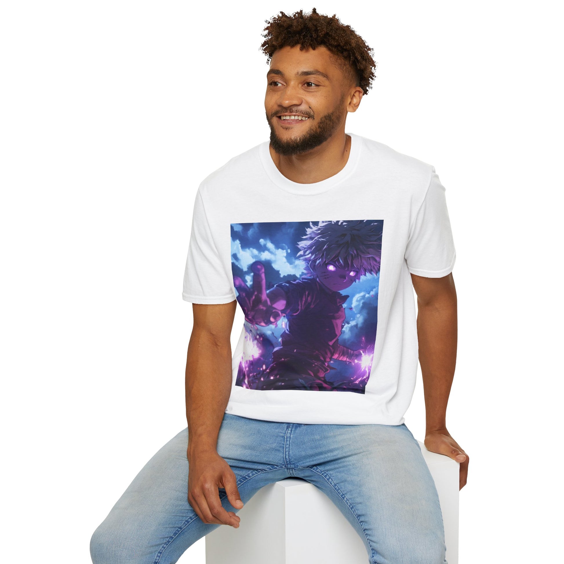 Killua Voltage Anime Tee -  hunter x hunter killua anime shirt graphic tee unisex Killua Voltage Tee – Killua Zoldyck mid-lightning strike with glowing eyes and stormy backdrop