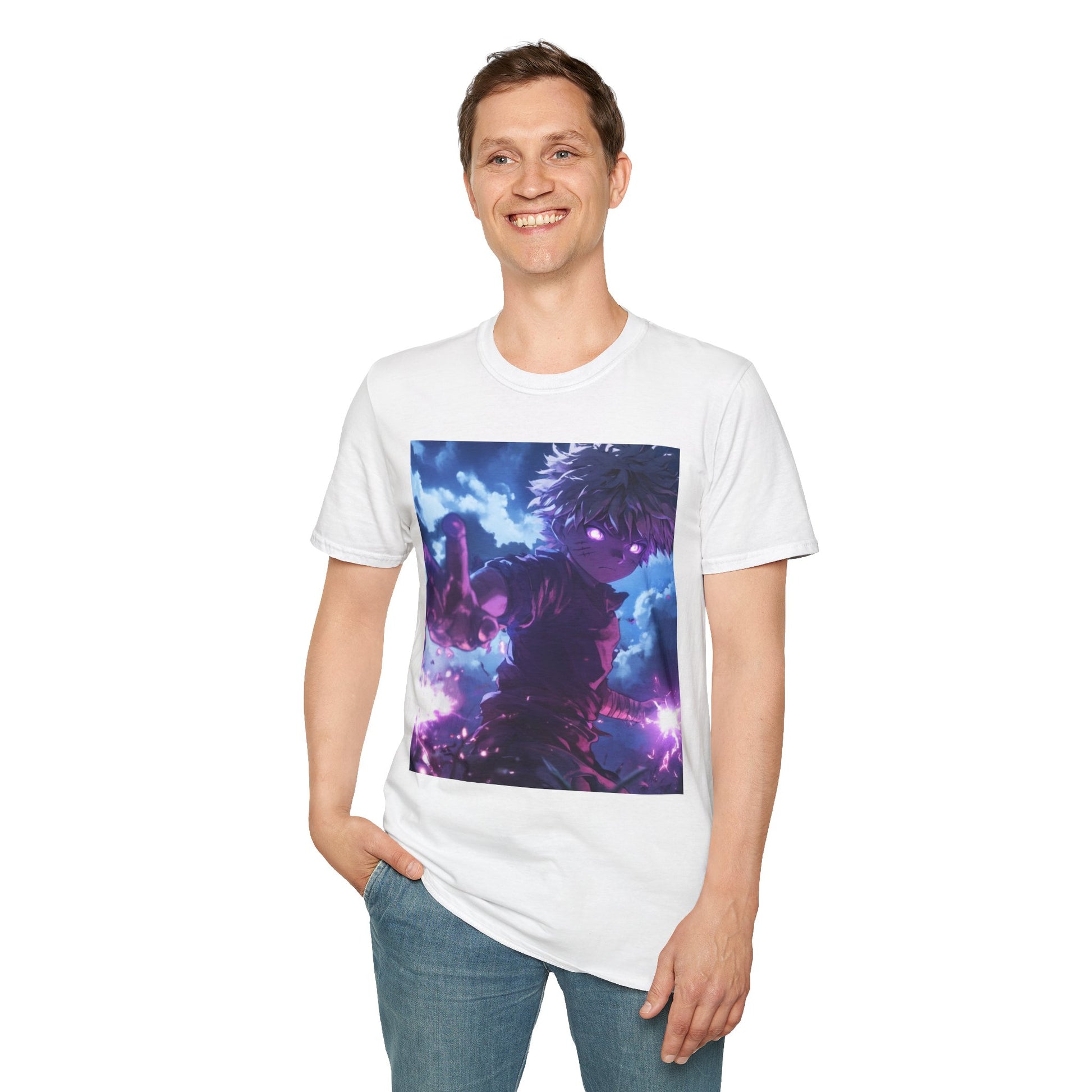 Killua Voltage Anime Tee -  hunter x hunter killua anime shirt graphic tee unisex Killua Voltage Tee – Killua Zoldyck mid-lightning strike with glowing eyes and stormy backdrop