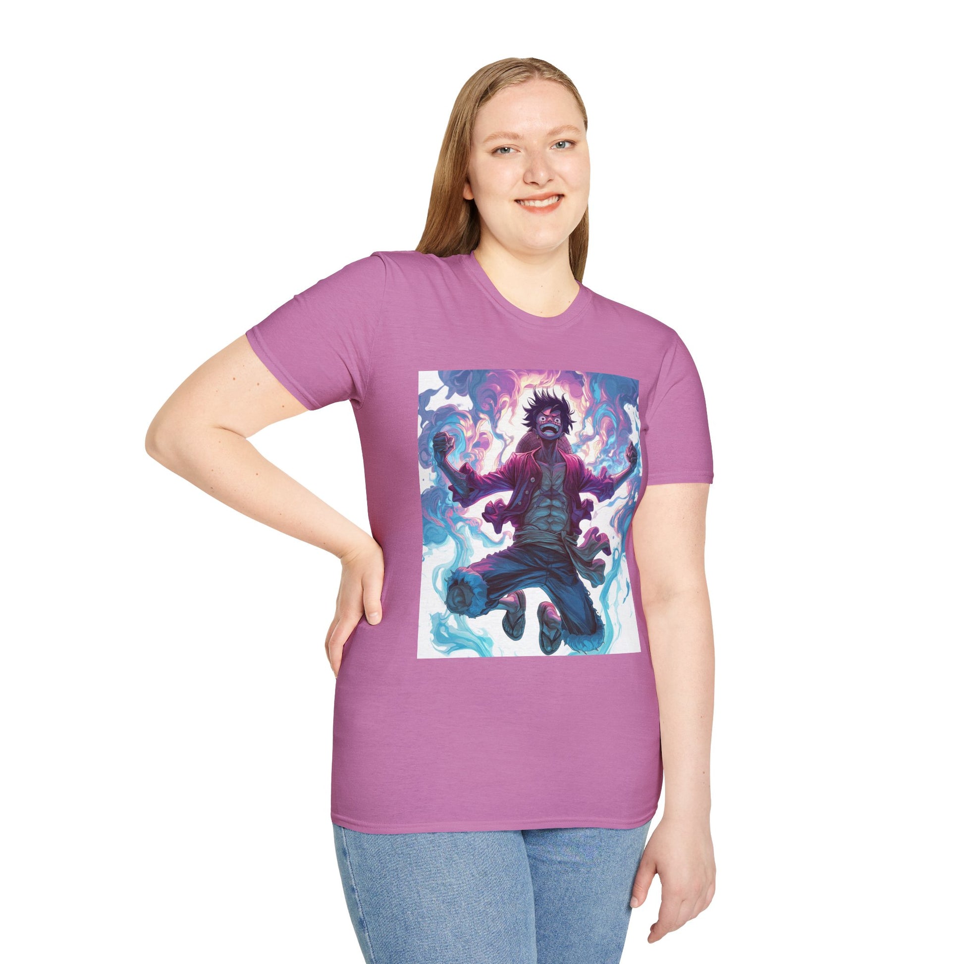 Luffy Pirate King Tee -  one piece luffy pirate king anime shirt graphic tee unisex King of the Pirates Tee – Luffy mid-air with red shirt, fists clenched and cosmic energy