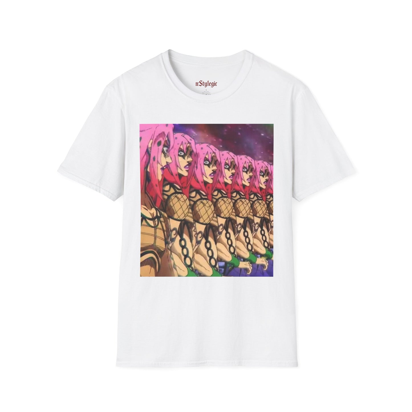 Diavolo Infinite Loop Tee -  jojo diavolo king crimson anime shirt graphic tee unisex Diavolo Death Loop Tee – Diavolo caught in cosmic loop with pink hair and cryptic tattoos