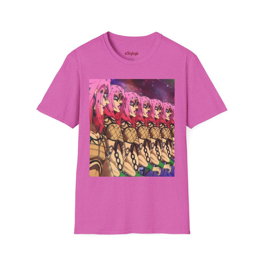 Diavolo Infinite Loop Tee -  jojo diavolo king crimson anime shirt graphic tee unisex Diavolo Death Loop Tee – Diavolo caught in cosmic loop with pink hair and cryptic tattoos