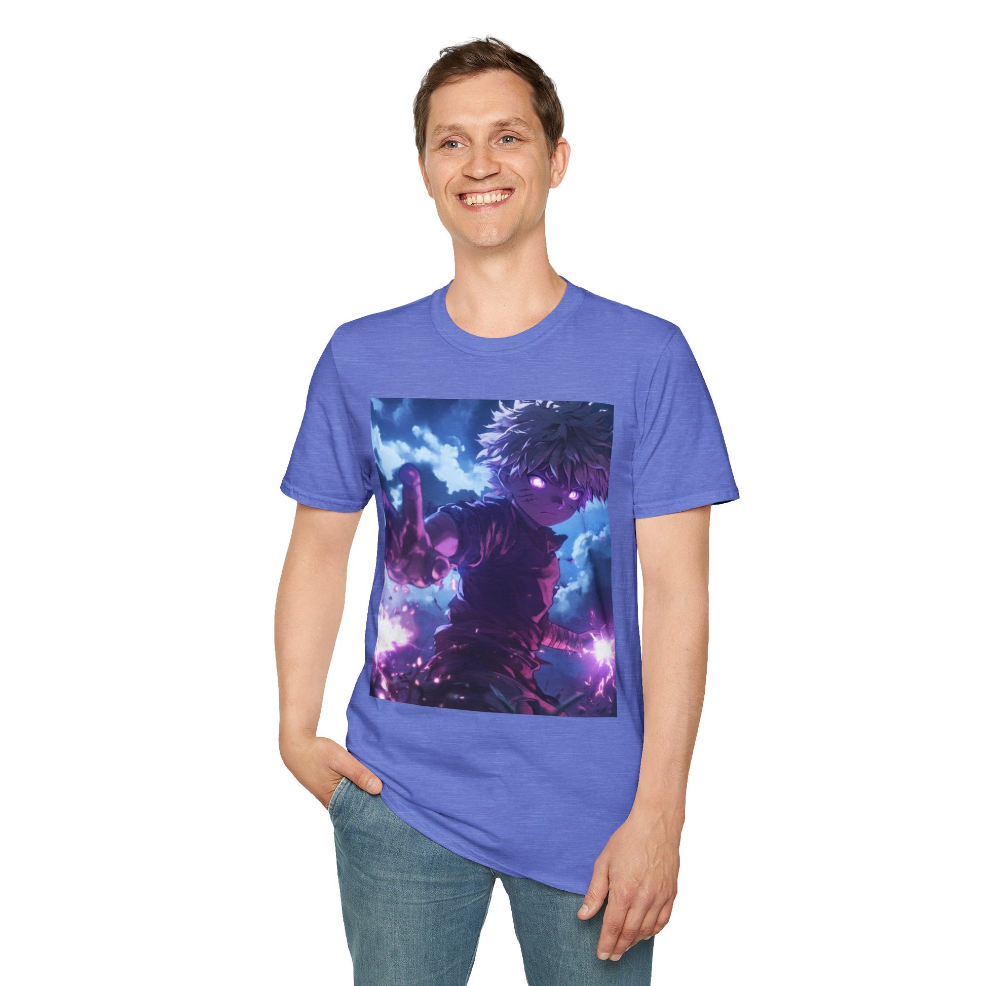 Killua Voltage Anime Tee -  hunter x hunter killua anime shirt graphic tee unisex Killua Voltage Tee – Killua Zoldyck mid-lightning strike with glowing eyes and stormy backdrop