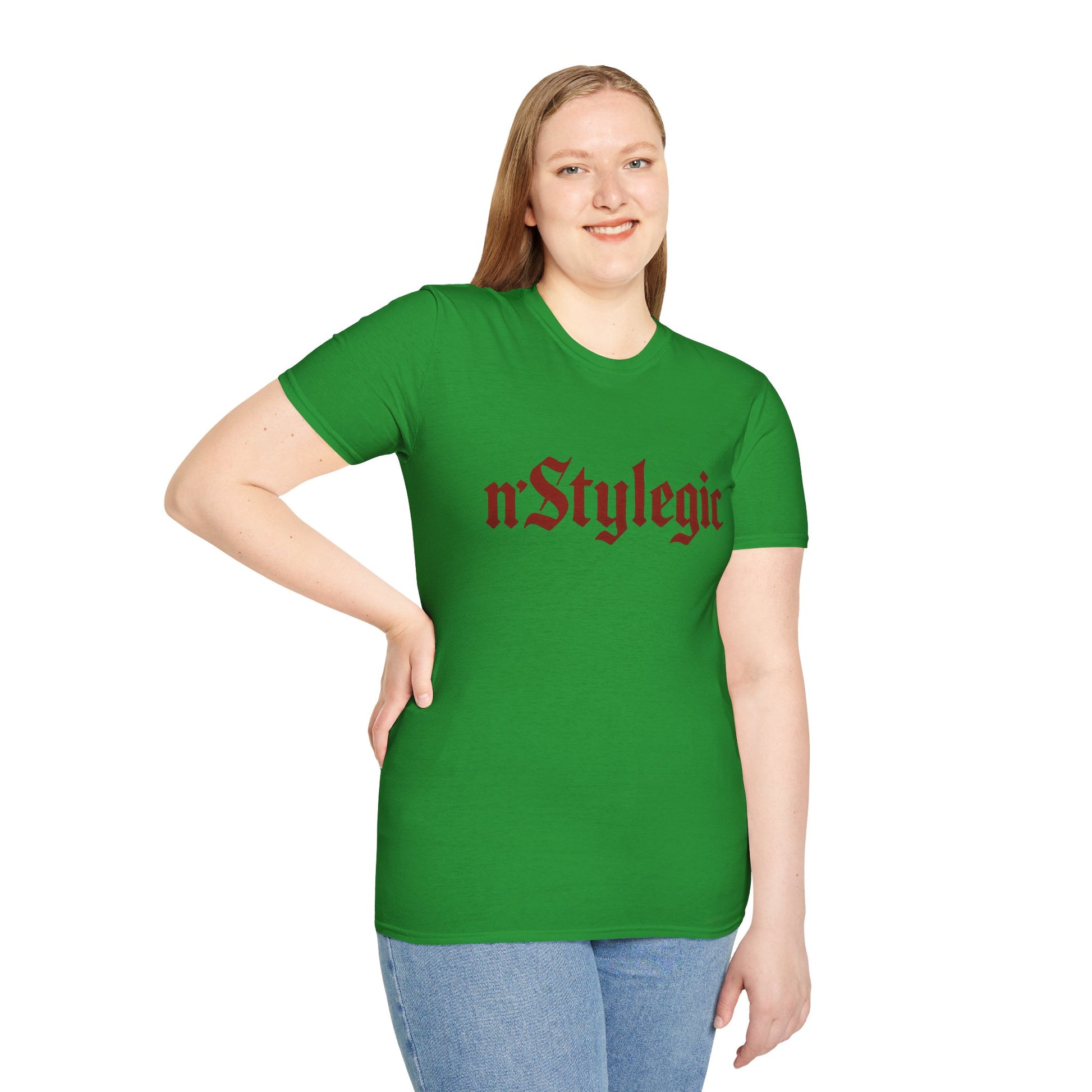 n’Stylegic Logo Streetwear Tee -  logo tee streetwear minimalist graphic tee unisex n’Stylegic Logo Tee – Gothic red logo on minimalist black shirt streetwear branding
