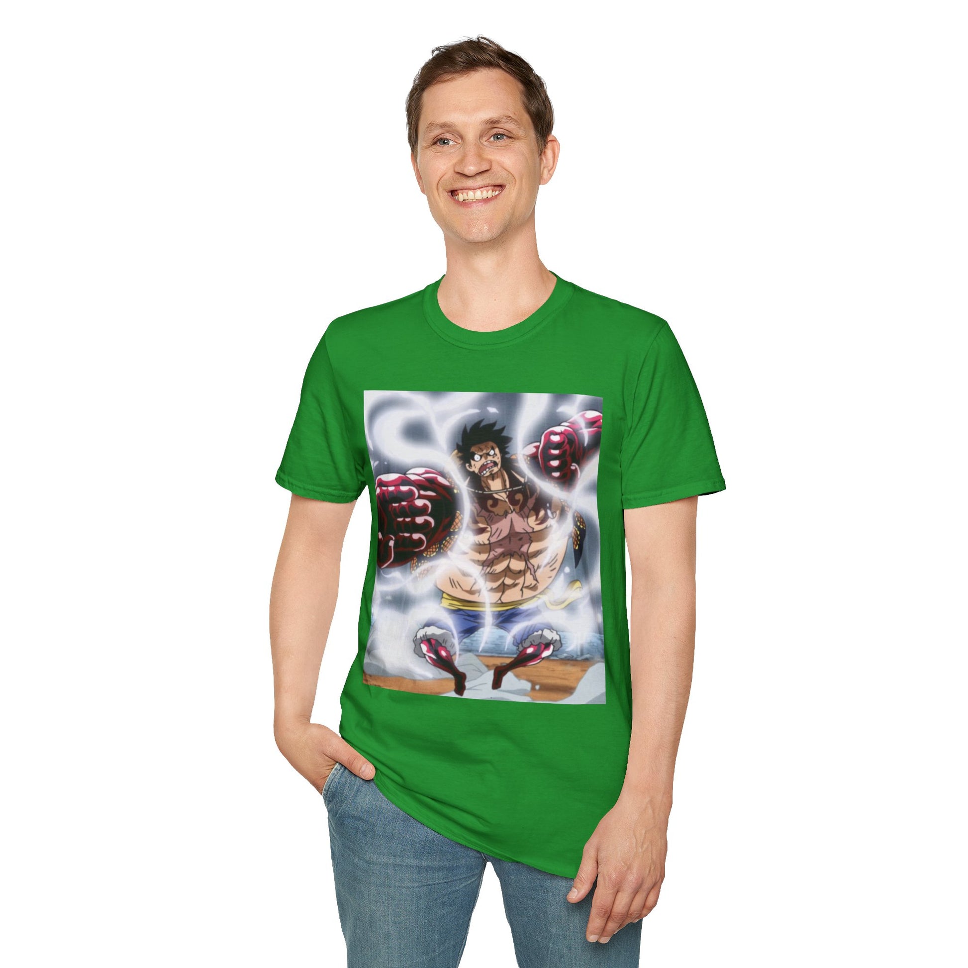 Luffy Gear 4 Anime Tee -  one piece luffy gear 4 bounce man anime shirt graphic tee unisex Gear 4 Bounce Man Tee – Luffy in Gear 4 transformation with Haki aura 