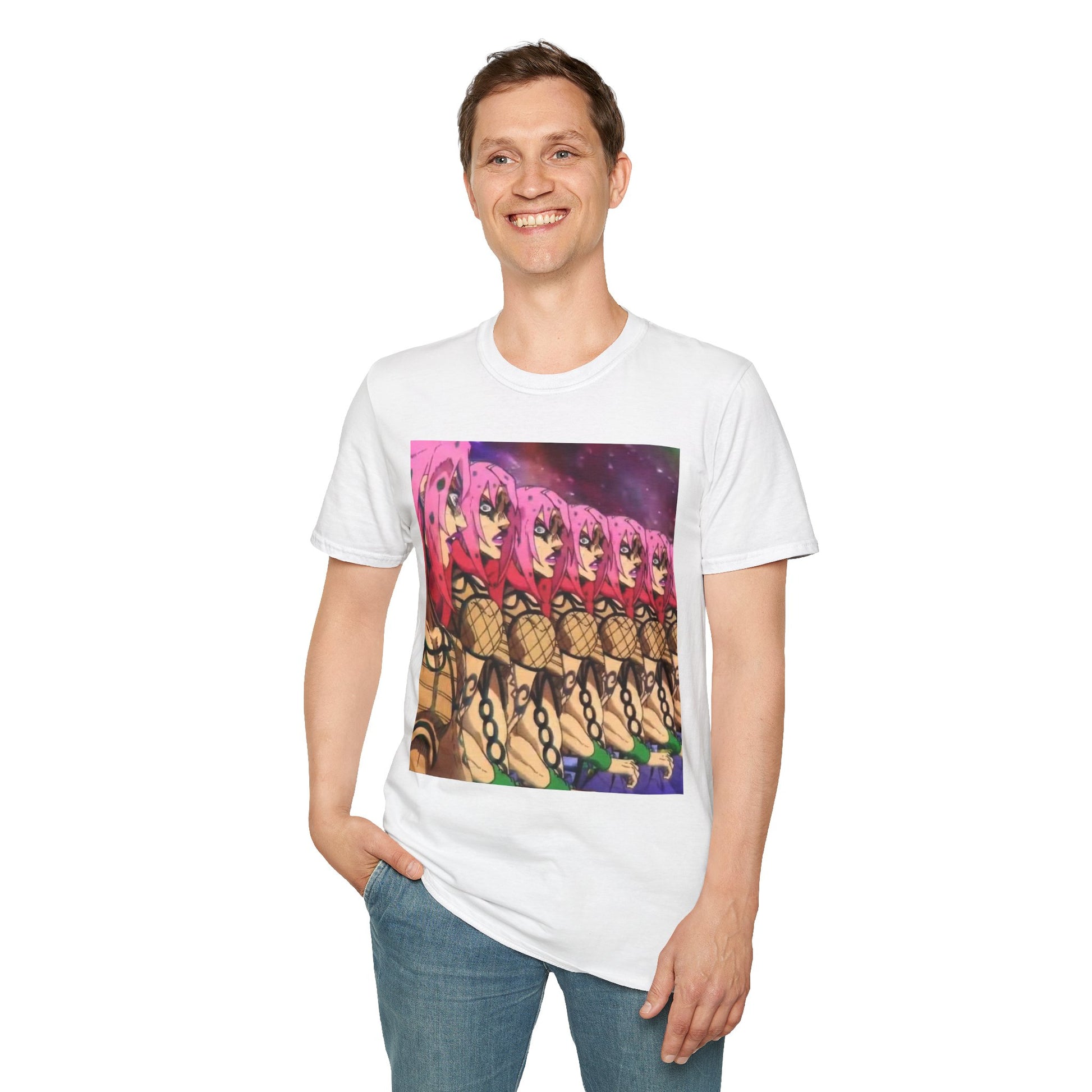 Diavolo Infinite Loop Tee -  jojo diavolo king crimson anime shirt graphic tee unisex Diavolo Death Loop Tee – Diavolo caught in cosmic loop with pink hair and cryptic tattoos