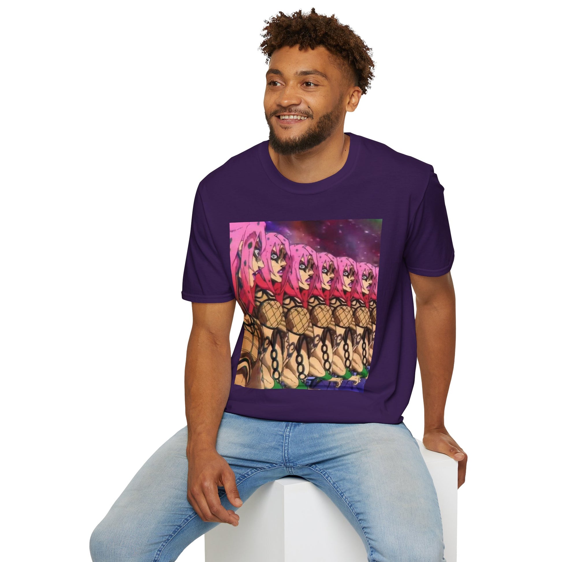 Diavolo Infinite Loop Tee -  jojo diavolo king crimson anime shirt graphic tee unisex Diavolo Death Loop Tee – Diavolo caught in cosmic loop with pink hair and cryptic tattoos