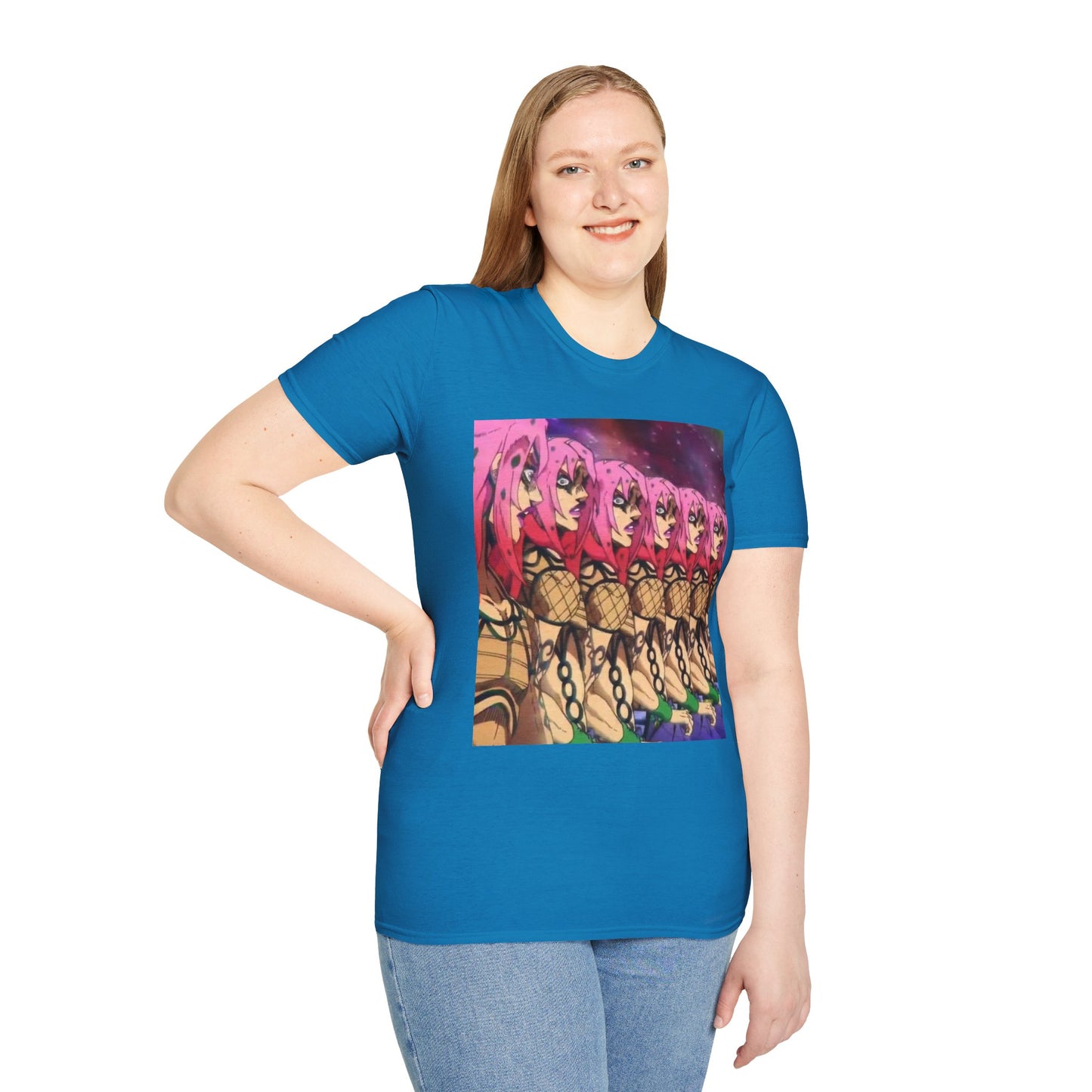 Diavolo Infinite Loop Tee -  jojo diavolo king crimson anime shirt graphic tee unisex Diavolo Death Loop Tee – Diavolo caught in cosmic loop with pink hair and cryptic tattoos