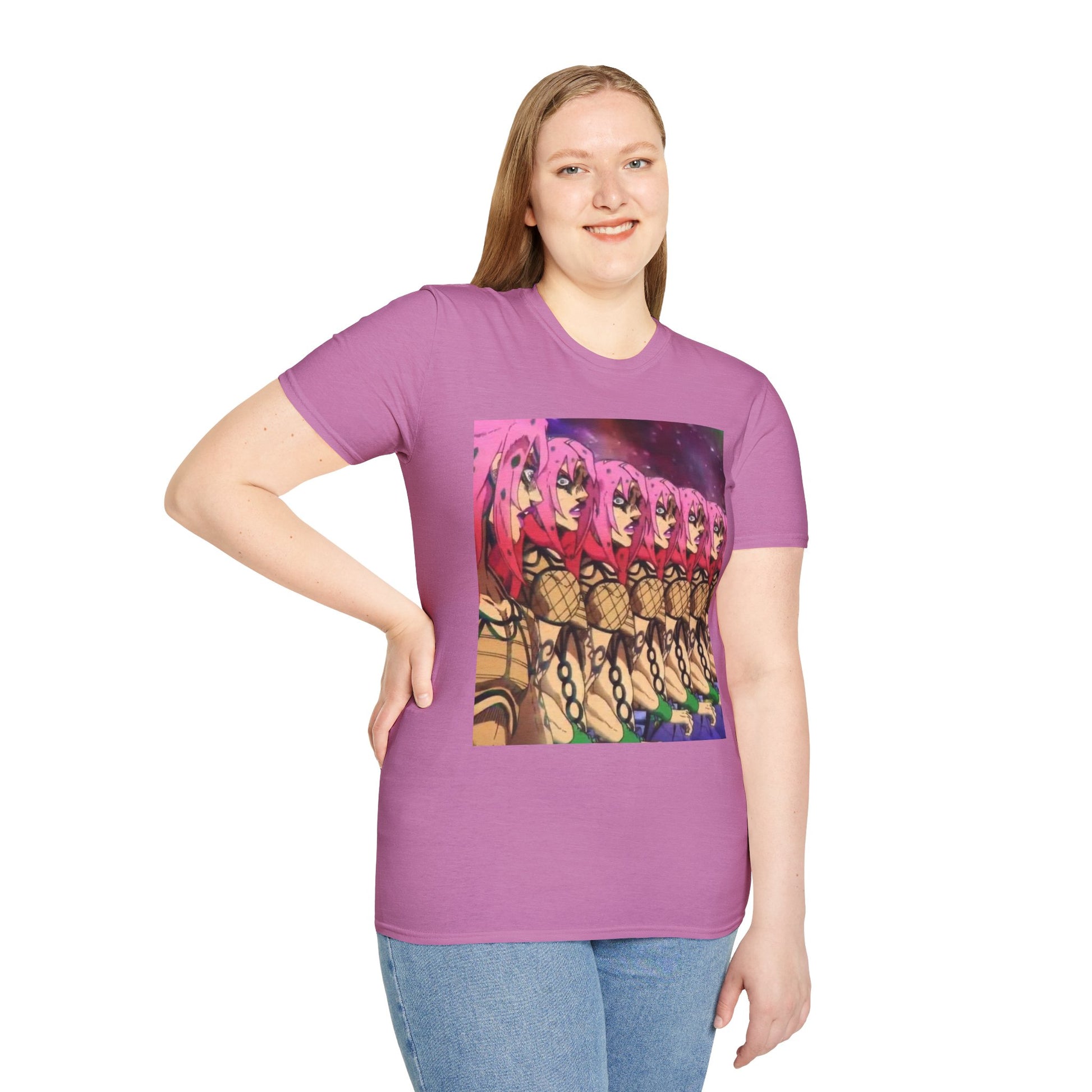 Diavolo Infinite Loop Tee -  jojo diavolo king crimson anime shirt graphic tee unisex Diavolo Death Loop Tee – Diavolo caught in cosmic loop with pink hair and cryptic tattoos