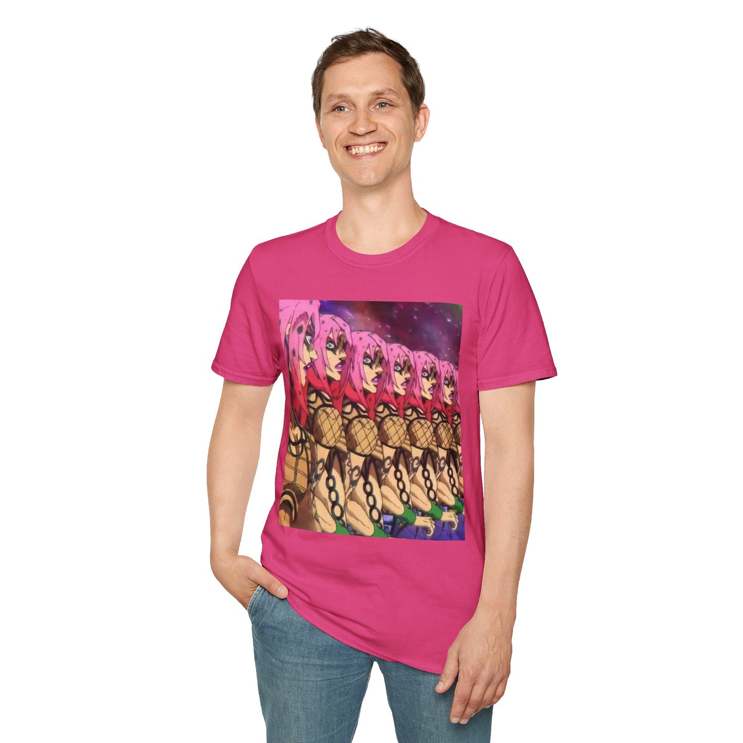 Diavolo Infinite Loop Tee -  jojo diavolo king crimson anime shirt graphic tee unisex Diavolo Death Loop Tee – Diavolo caught in cosmic loop with pink hair and cryptic tattoos