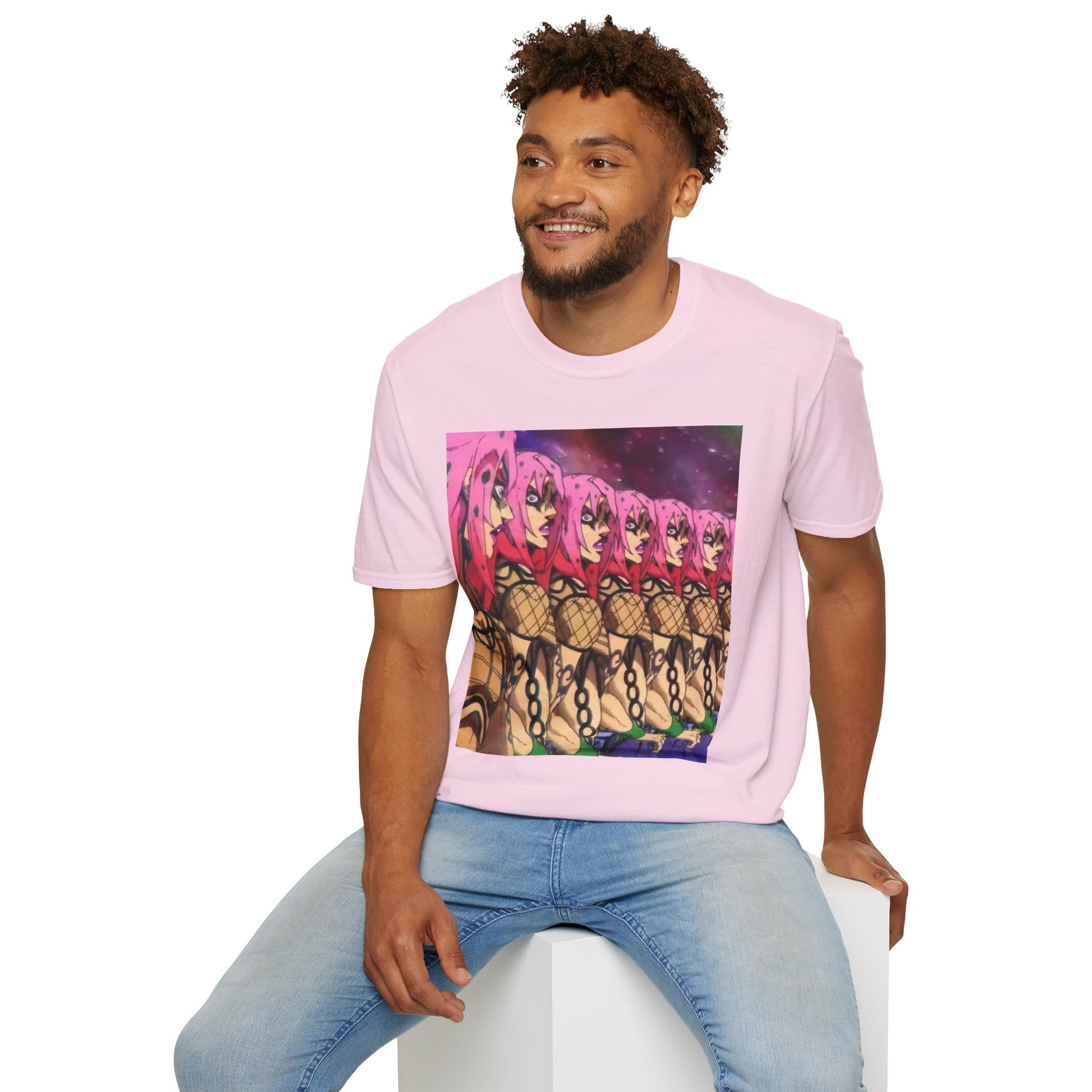 Diavolo Infinite Loop Tee -  jojo diavolo king crimson anime shirt graphic tee unisex Diavolo Death Loop Tee – Diavolo caught in cosmic loop with pink hair and cryptic tattoos