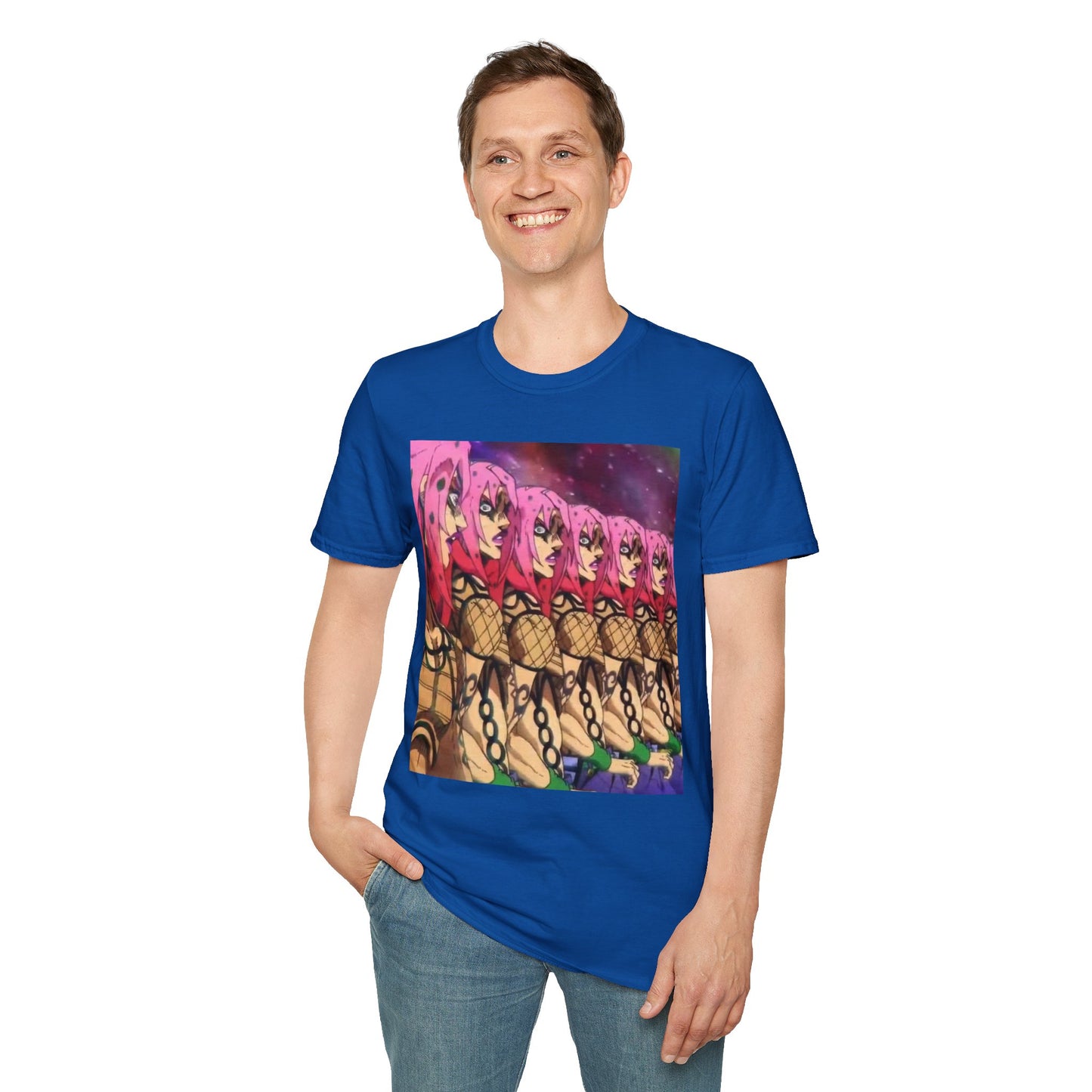 Diavolo Infinite Loop Tee -  jojo diavolo king crimson anime shirt graphic tee unisex Diavolo Death Loop Tee – Diavolo caught in cosmic loop with pink hair and cryptic tattoos