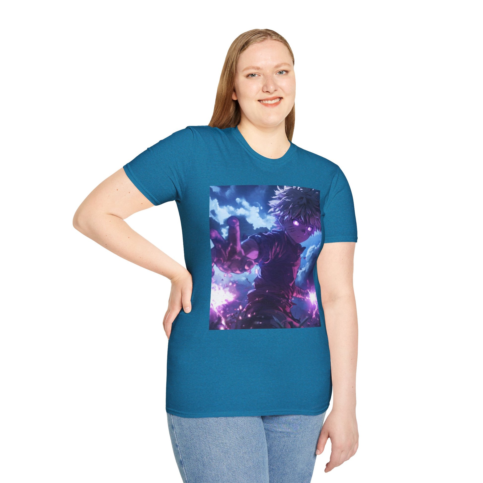 Killua Voltage Anime Tee -  hunter x hunter killua anime shirt graphic tee unisex Killua Voltage Tee – Killua Zoldyck mid-lightning strike with glowing eyes and stormy backdrop