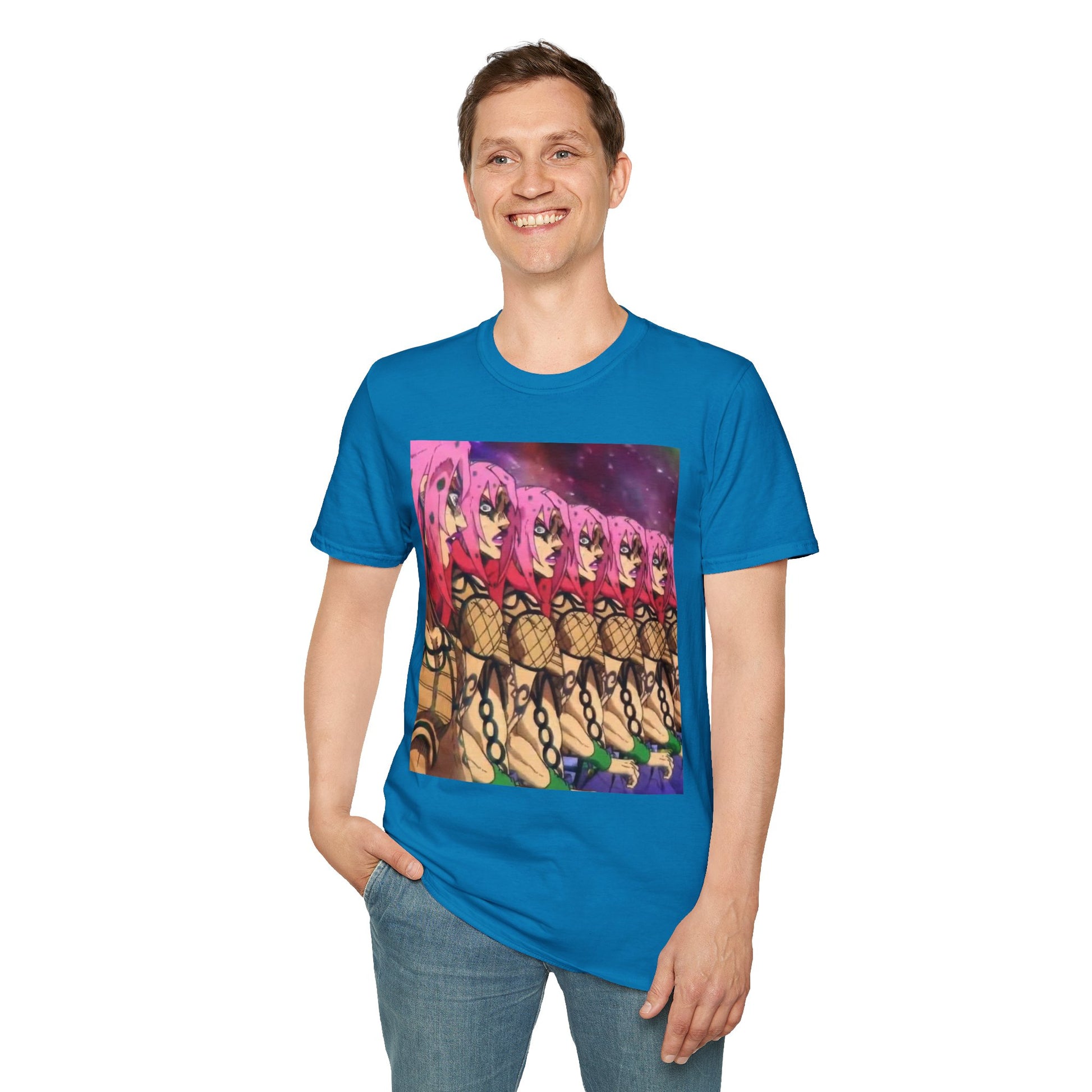 Diavolo Infinite Loop Tee -  jojo diavolo king crimson anime shirt graphic tee unisex Diavolo Death Loop Tee – Diavolo caught in cosmic loop with pink hair and cryptic tattoos