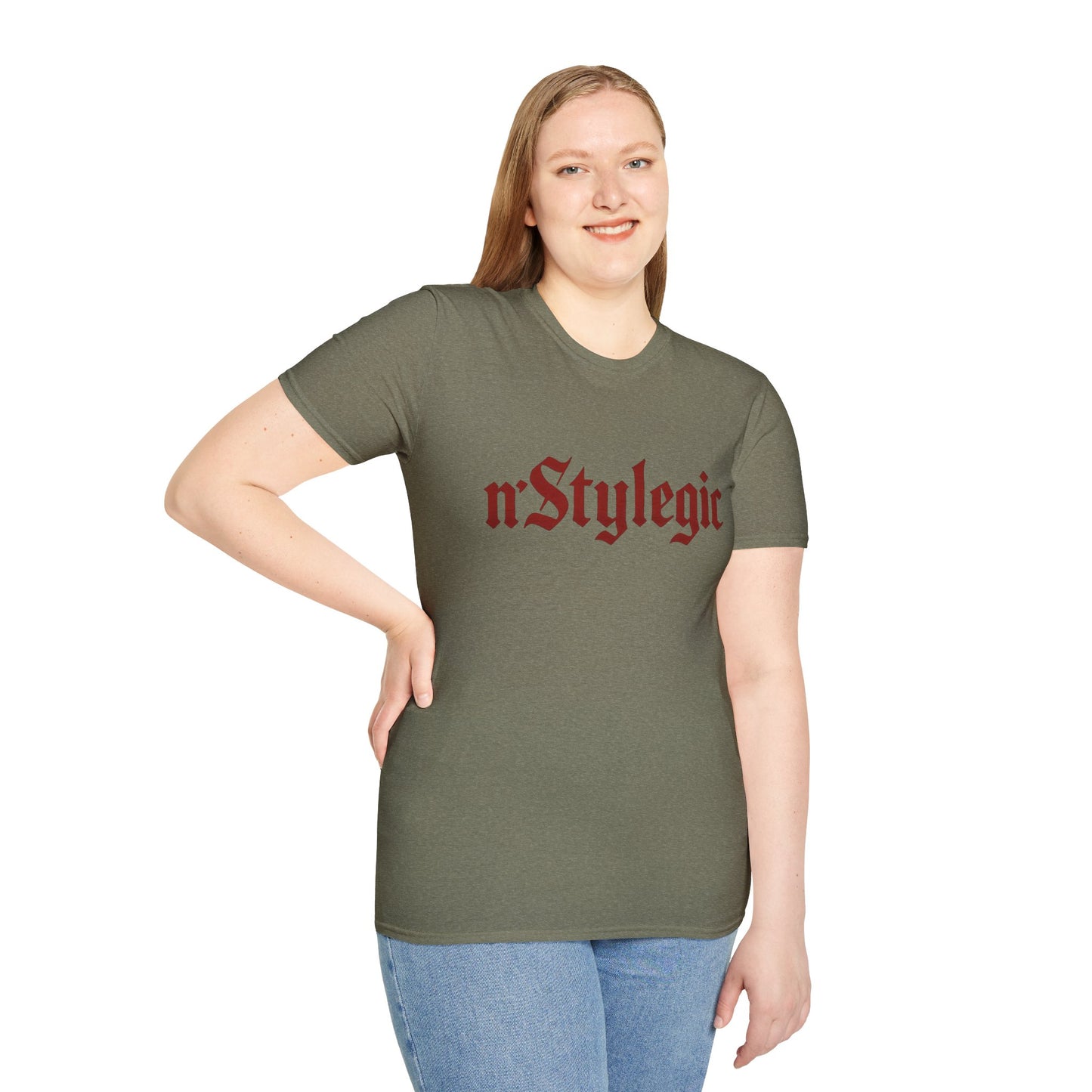 n’Stylegic Logo Streetwear Tee -  logo tee streetwear minimalist graphic tee unisex n’Stylegic Logo Tee – Gothic red logo on minimalist black shirt streetwear branding