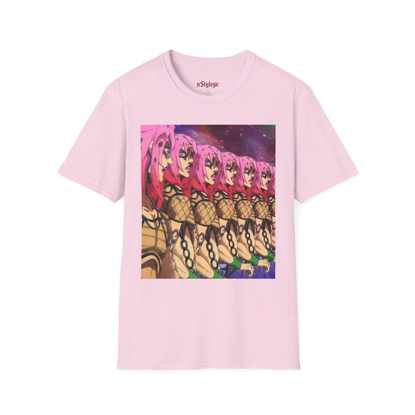 Diavolo Infinite Loop Tee -  jojo diavolo king crimson anime shirt graphic tee unisex Diavolo Death Loop Tee – Diavolo caught in cosmic loop with pink hair and cryptic tattoos