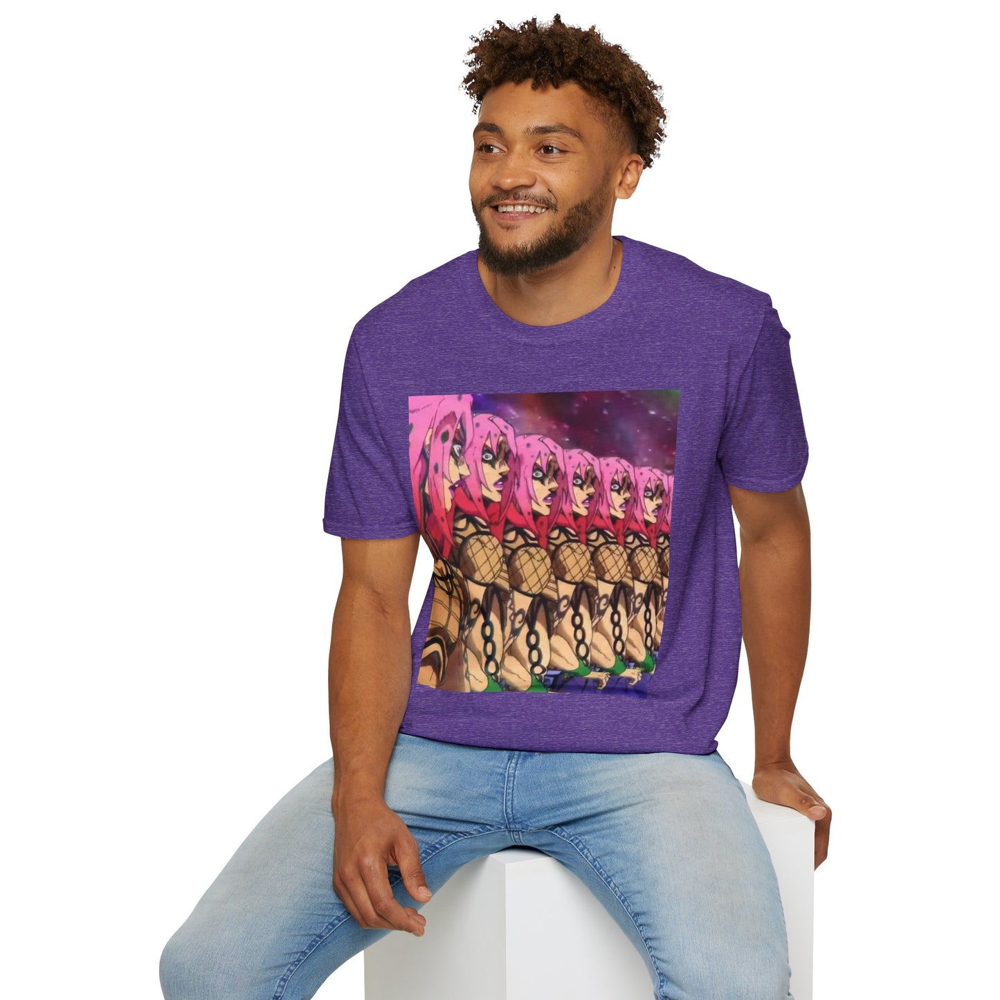 Diavolo Infinite Loop Tee -  jojo diavolo king crimson anime shirt graphic tee unisex Diavolo Death Loop Tee – Diavolo caught in cosmic loop with pink hair and cryptic tattoos
