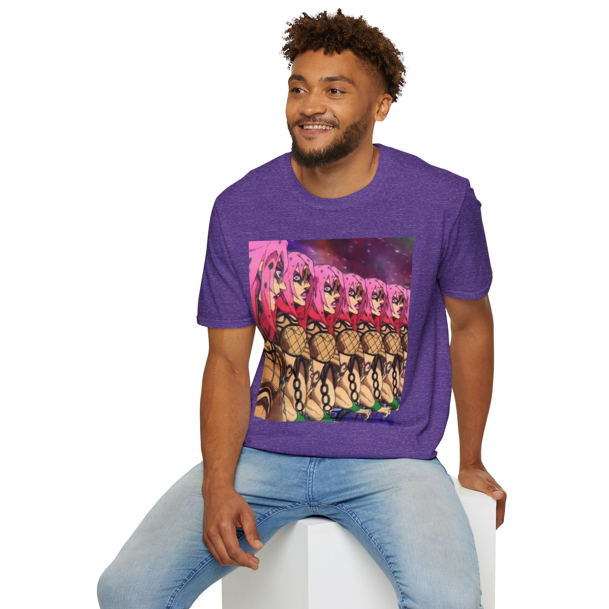 Diavolo Infinite Loop Tee -  jojo diavolo king crimson anime shirt graphic tee unisex Diavolo Death Loop Tee – Diavolo caught in cosmic loop with pink hair and cryptic tattoos