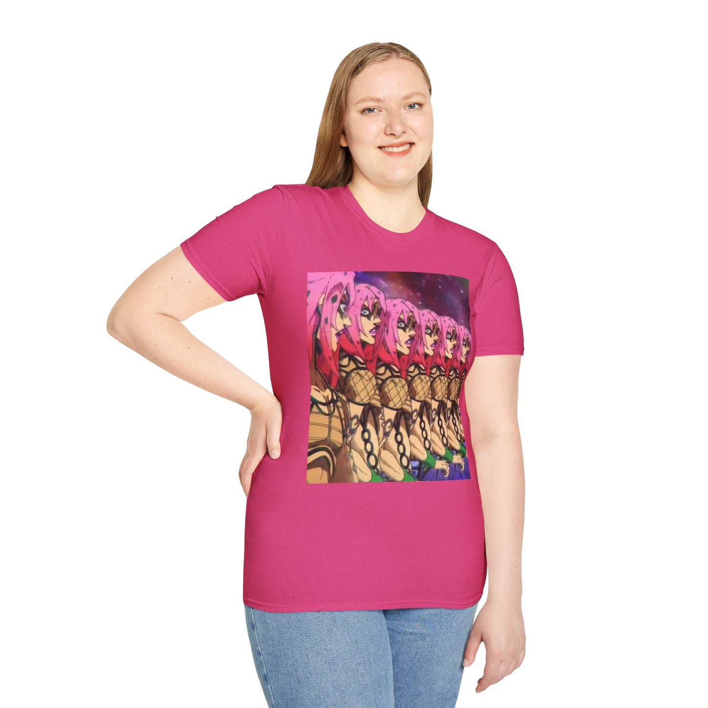 Diavolo Infinite Loop Tee -  jojo diavolo king crimson anime shirt graphic tee unisex Diavolo Death Loop Tee – Diavolo caught in cosmic loop with pink hair and cryptic tattoos