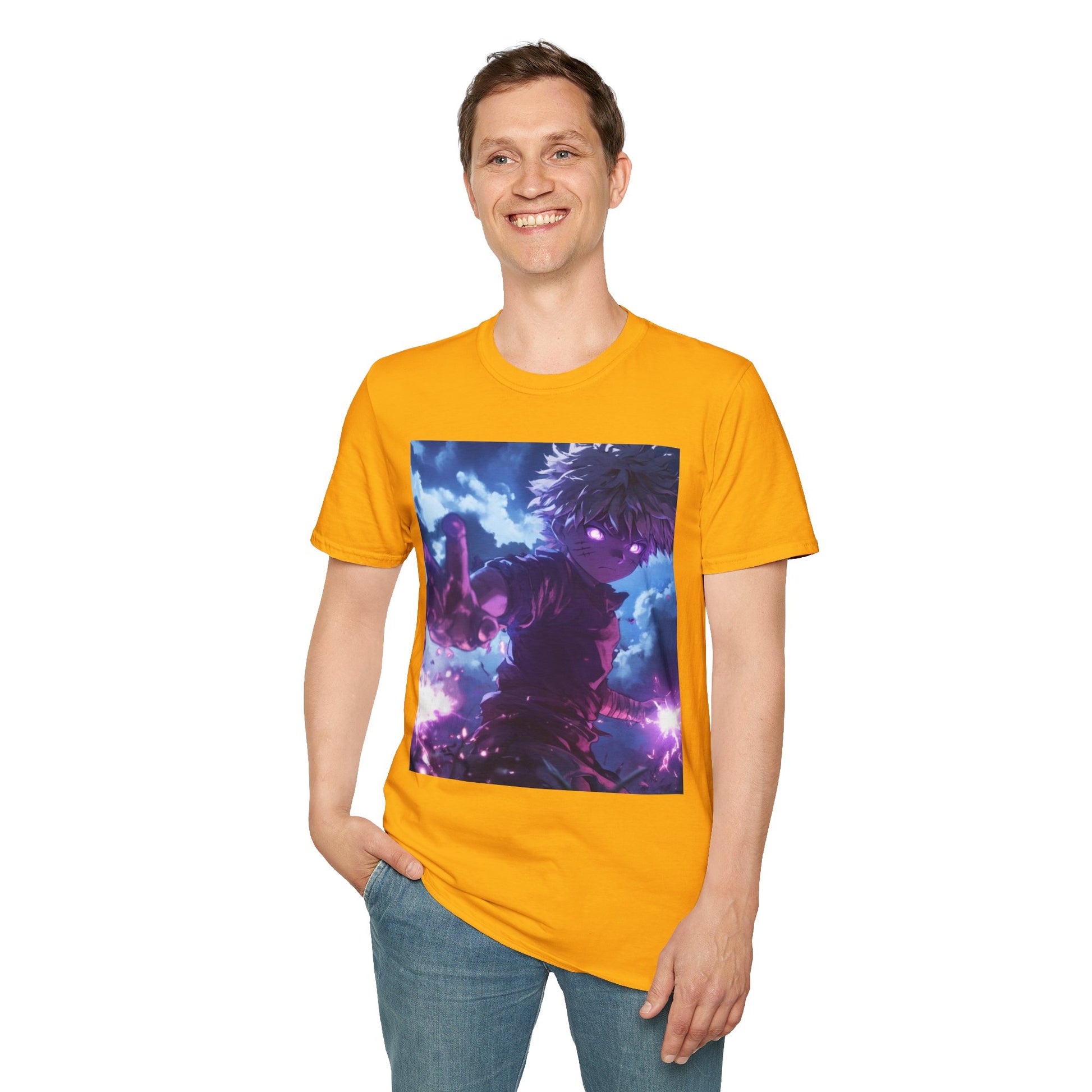 Killua Voltage Anime Tee -  hunter x hunter killua anime shirt graphic tee unisex Killua Voltage Tee – Killua Zoldyck mid-lightning strike with glowing eyes and stormy backdrop