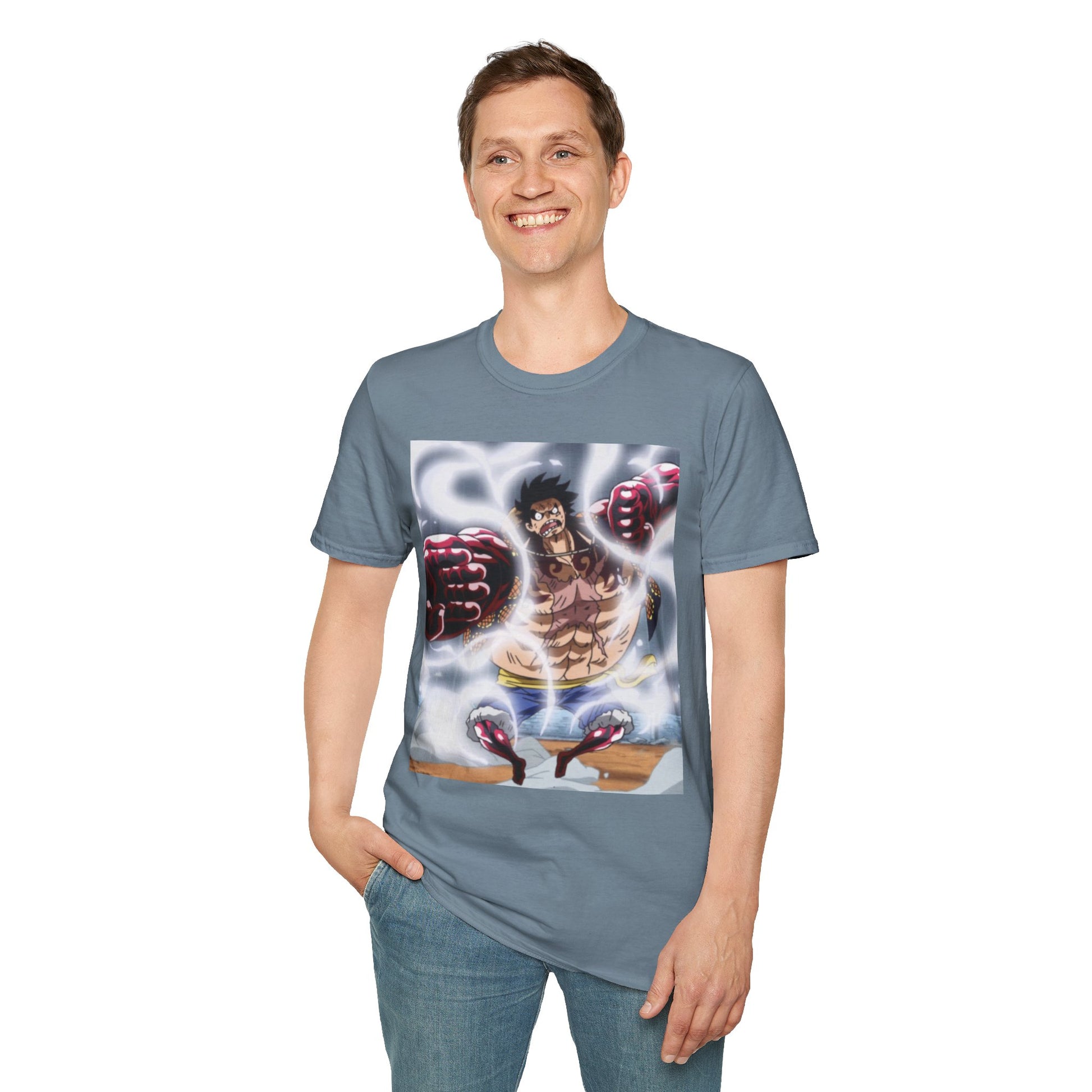 Luffy Gear 4 Anime Tee -  one piece luffy gear 4 bounce man anime shirt graphic tee unisex Gear 4 Bounce Man Tee – Luffy in Gear 4 transformation with Haki aura 