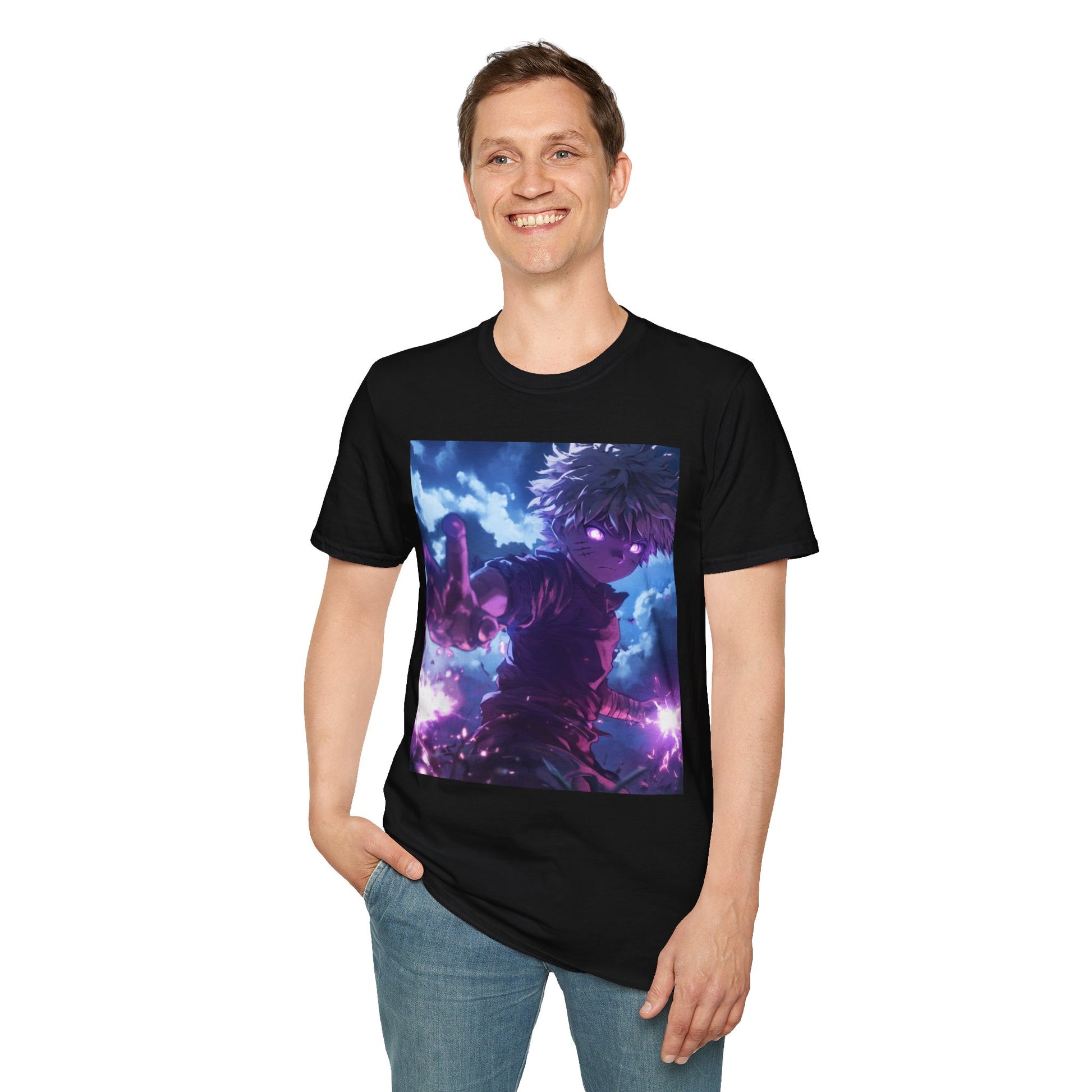 Killua Voltage Anime Tee -  hunter x hunter killua anime shirt graphic tee unisex Killua Voltage Tee – Killua Zoldyck mid-lightning strike with glowing eyes and stormy backdrop