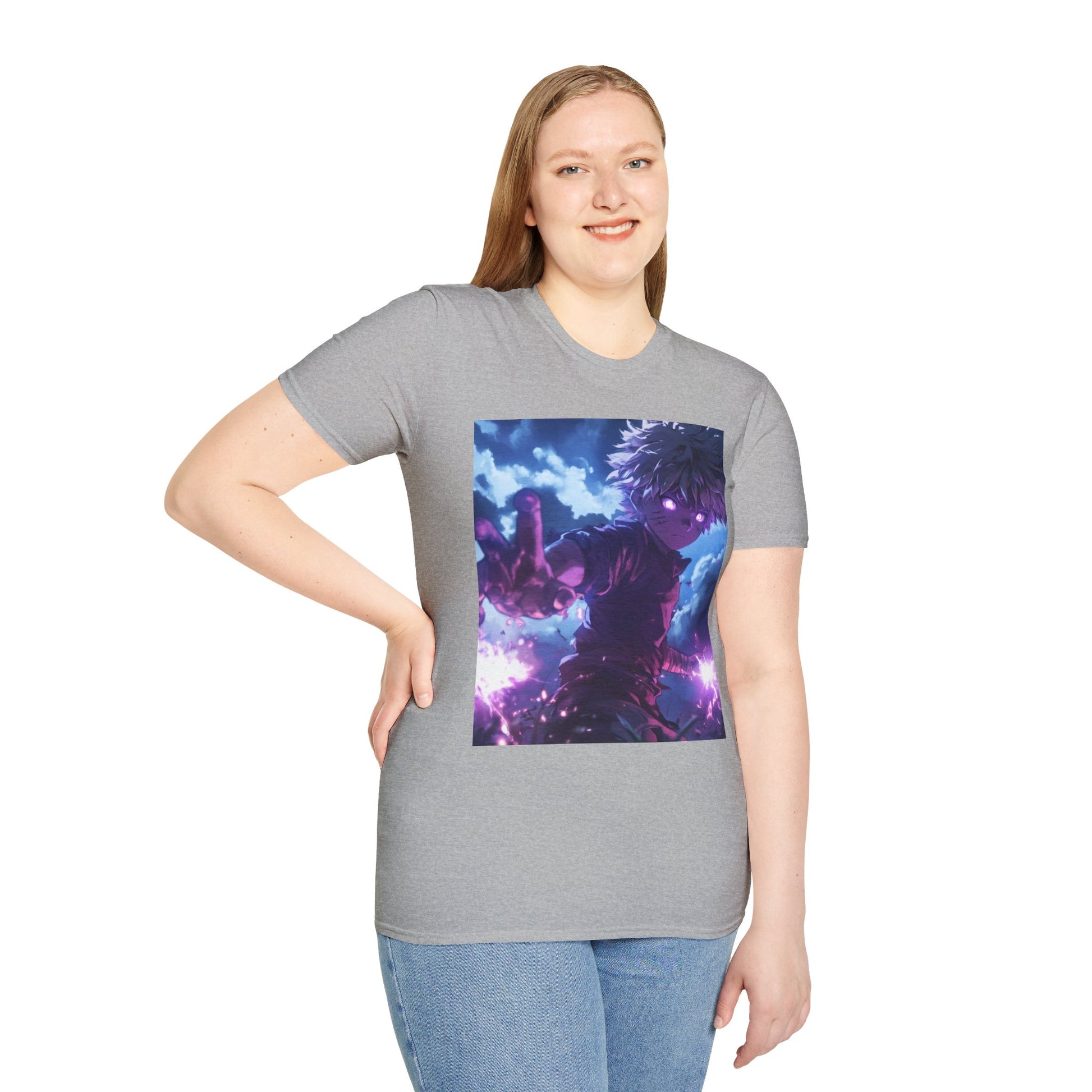 Killua Voltage Anime Tee -  hunter x hunter killua anime shirt graphic tee unisex Killua Voltage Tee – Killua Zoldyck mid-lightning strike with glowing eyes and stormy backdrop