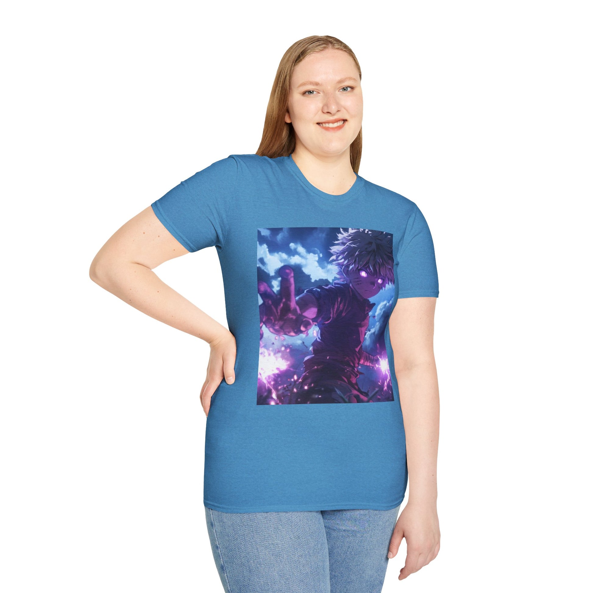 Killua Voltage Anime Tee -  hunter x hunter killua anime shirt graphic tee unisex Killua Voltage Tee – Killua Zoldyck mid-lightning strike with glowing eyes and stormy backdrop
