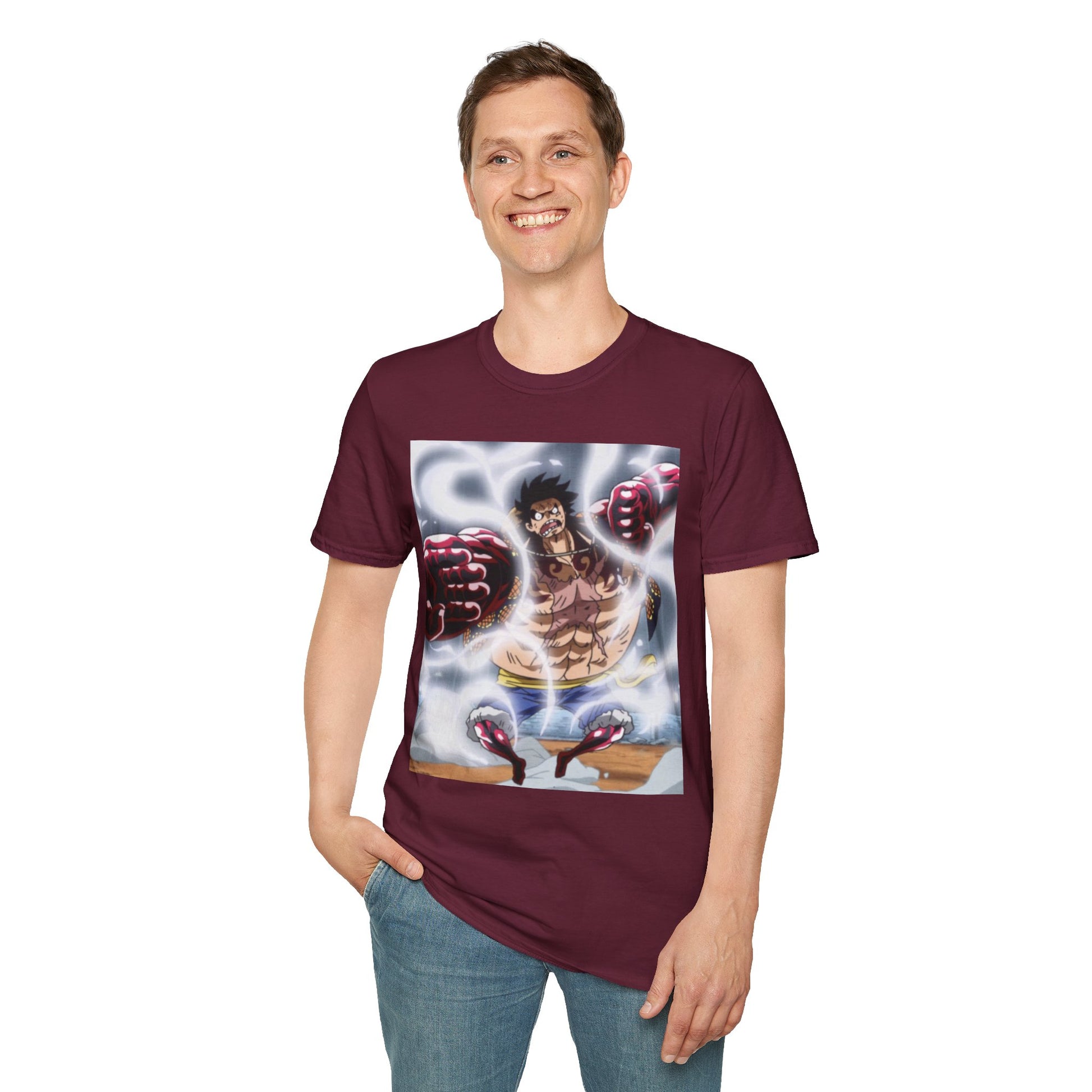 Luffy Gear 4 Anime Tee -  one piece luffy gear 4 bounce man anime shirt graphic tee unisex Gear 4 Bounce Man Tee – Luffy in Gear 4 transformation with Haki aura 