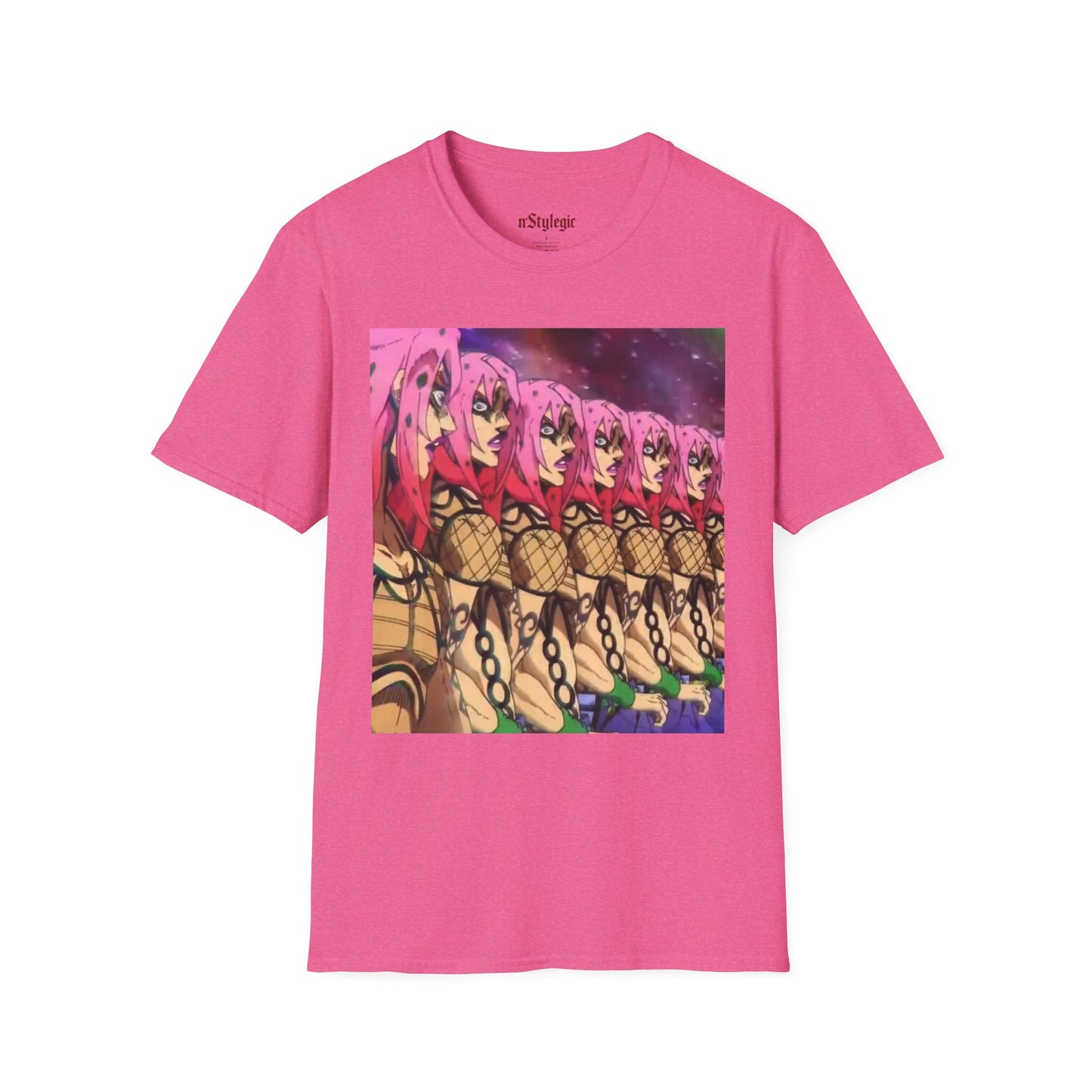Diavolo Infinite Loop Tee -  jojo diavolo king crimson anime shirt graphic tee unisex Diavolo Death Loop Tee – Diavolo caught in cosmic loop with pink hair and cryptic tattoos